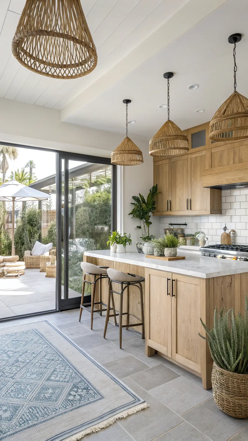 Bright, spacious California casual kitchen with light oak cabinets, concrete counters, and rattan accents, leading to a patio through sliding glass doors, styled with coastal elements and potted succulents in natural light.