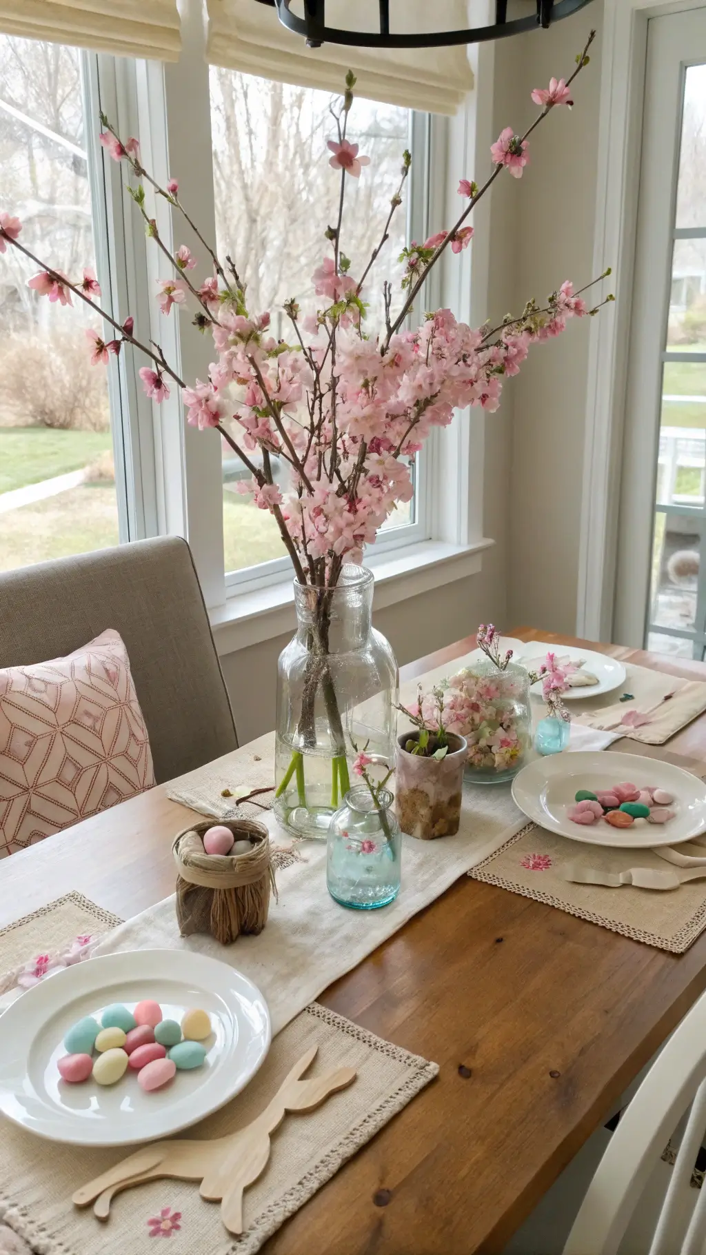 DIY-inspired Easter breakfast nook with faux cherry blossoms in mason jar vases, hand-stamped bunny decorated Kraft paper runner, origami napkin bunnies on white ceramic plates, and scattered chocolate eggs under morning light through bay windows.