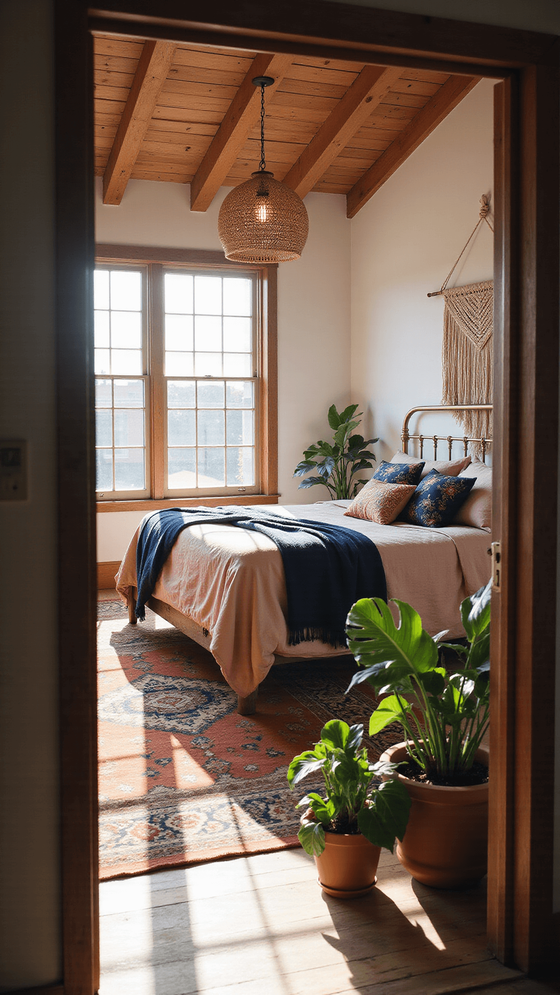 Boho bedroom bathed in golden hour light, featuring a brass bed with layered textiles, macramé wall hanging, vintage Persian rug, rattan pendant light, and lush houseplants under a slanted ceiling with exposed beams.