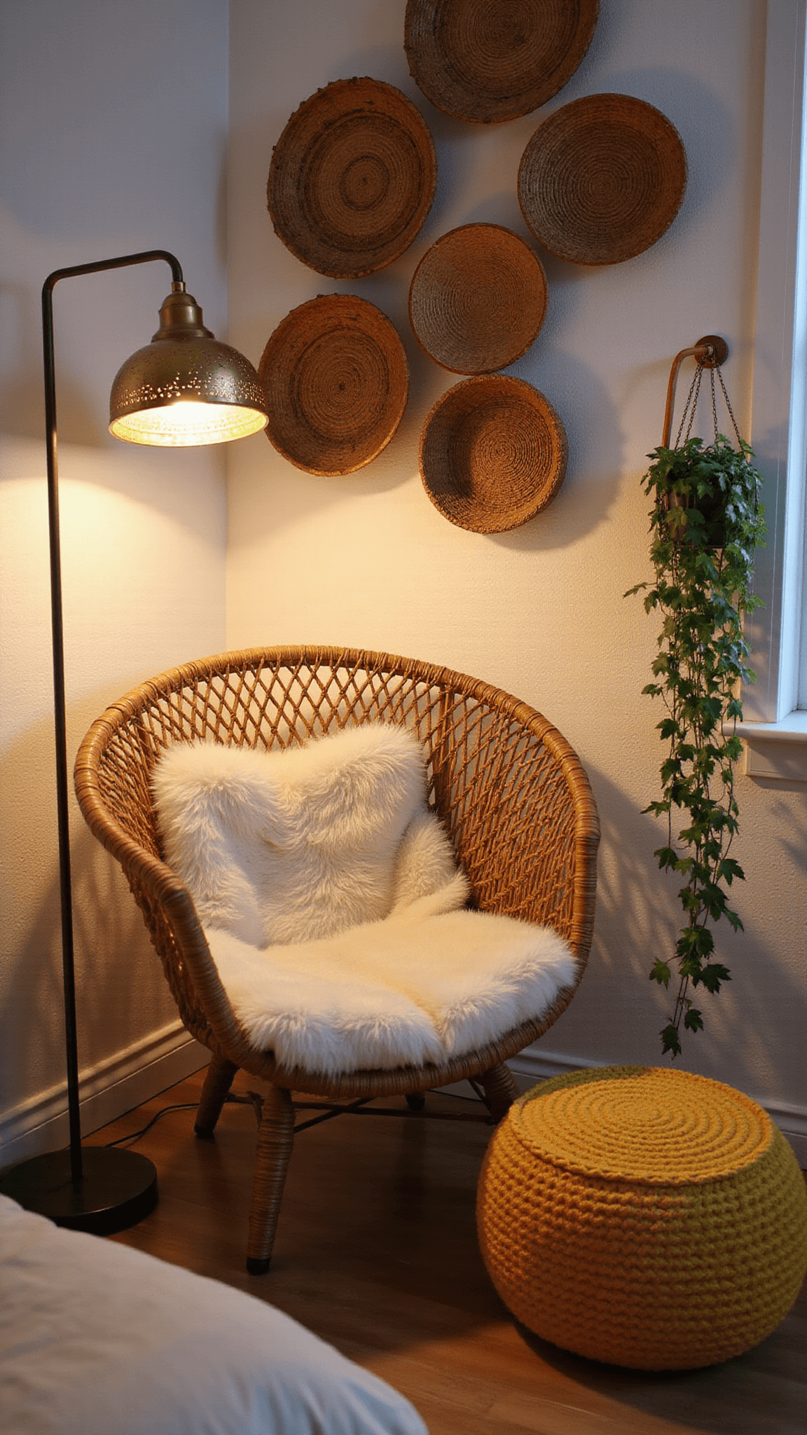 Cozy boho bedroom corner with rattan peacock chair, sheepskin throw, Moroccan lamp casting shadows, woven wall baskets, mustard knit pouf, and string-lit ivy on copper pipe.