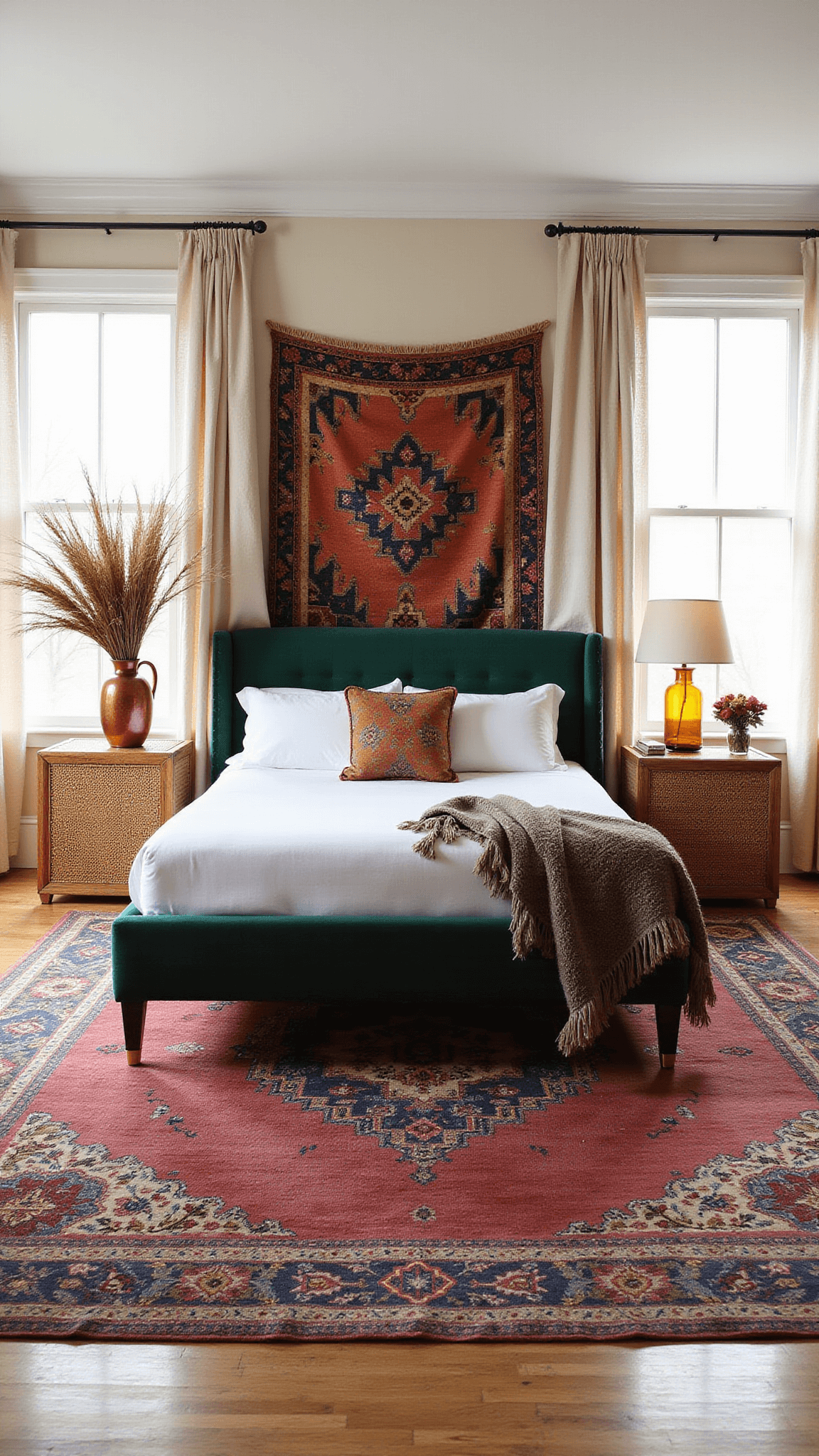 Boho bedroom with emerald velvet bed, crown molding, vintage kilim rugs, pampas grass in copper vase, and handwoven tapestry, lit by natural and soft fill light.