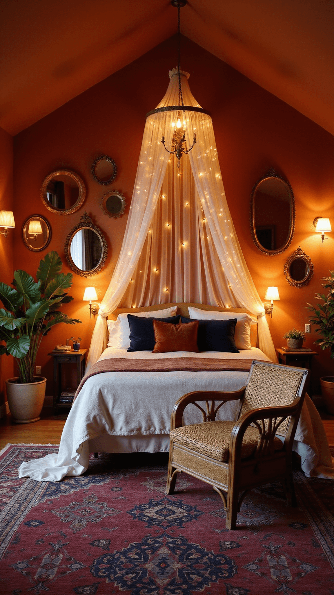 Boho bedroom at dusk with canopy bed, terracotta walls, vintage mirrors, brass sconces, rattan chair, ZZ plants, and layered Turkish rugs in warm golden hour light.