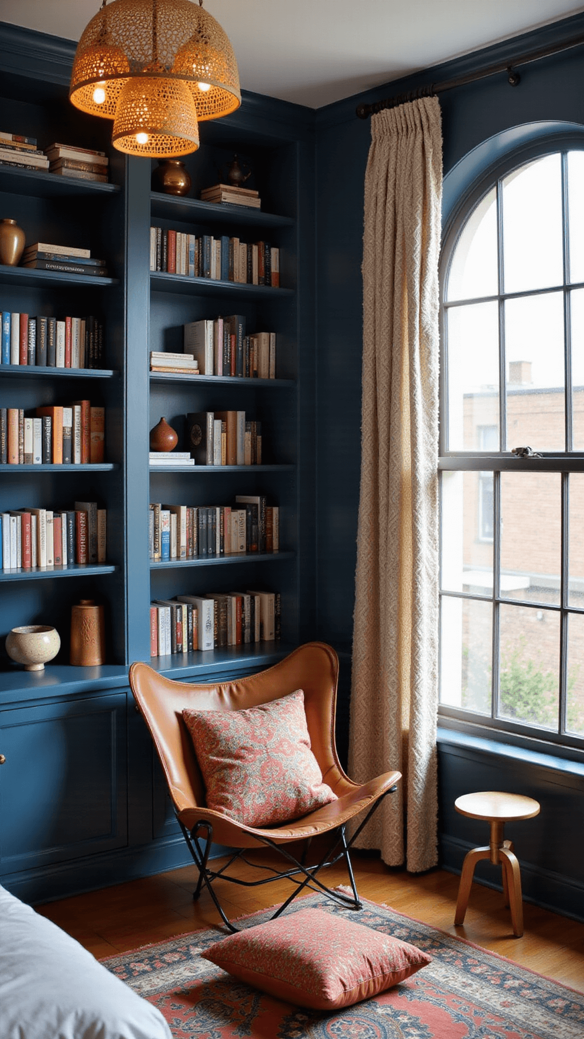 Boho reading corner with indigo bookshelves, leather butterfly chair, Moroccan cushions, arched window with macramé curtain, and woven pendant lights.