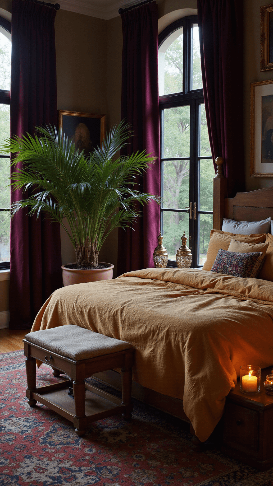 Boho bedroom with four-poster bed, ochre and cream linens, vintage salon wall, deep plum velvet curtains, Moroccan lanterns, and large potted palm.
