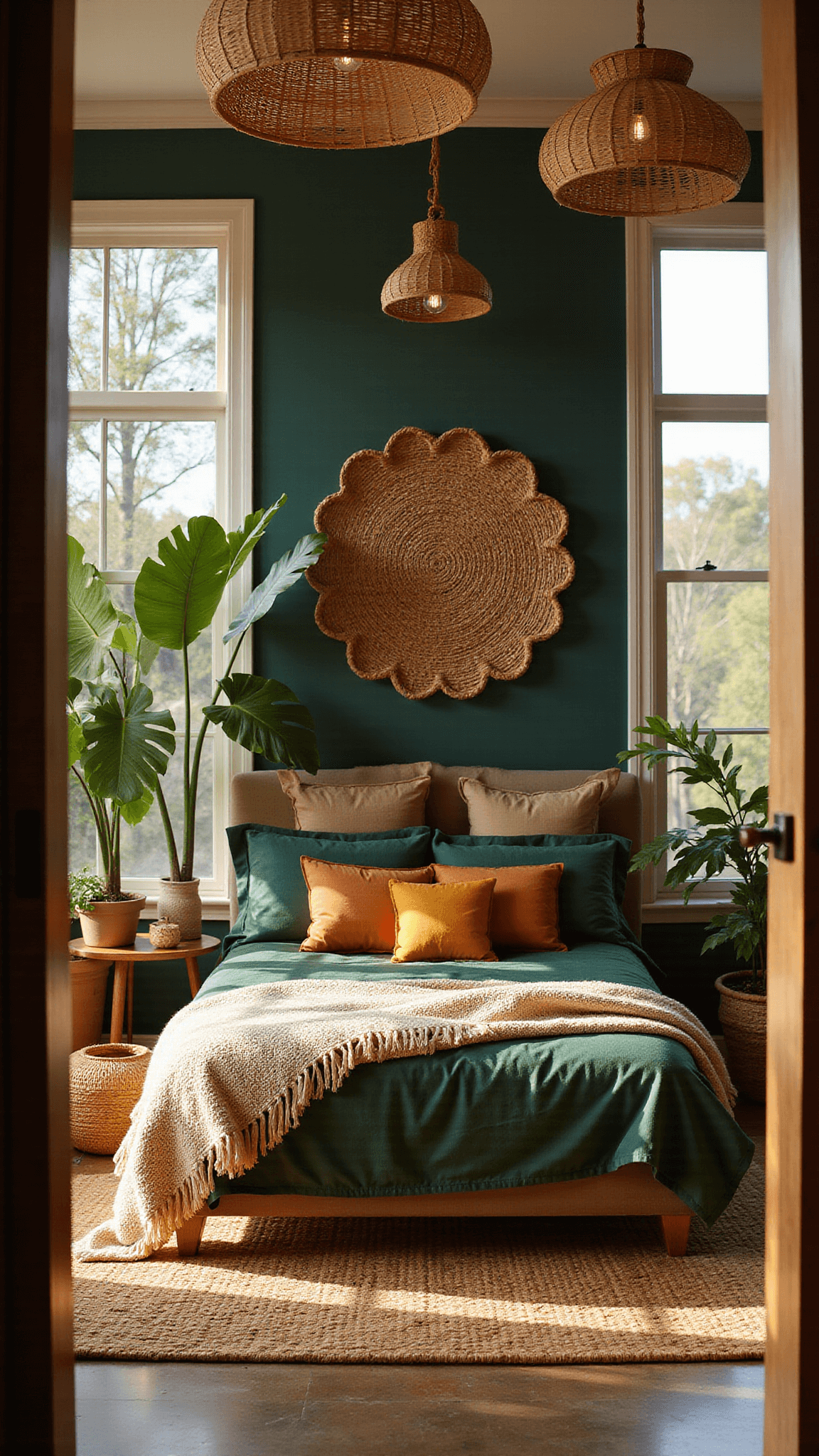 Spacious sunlit bedroom with king-size bed in green and orange linens, forest green accent wall, jute mandala art, plants, rattan lights, and natural textured decor.