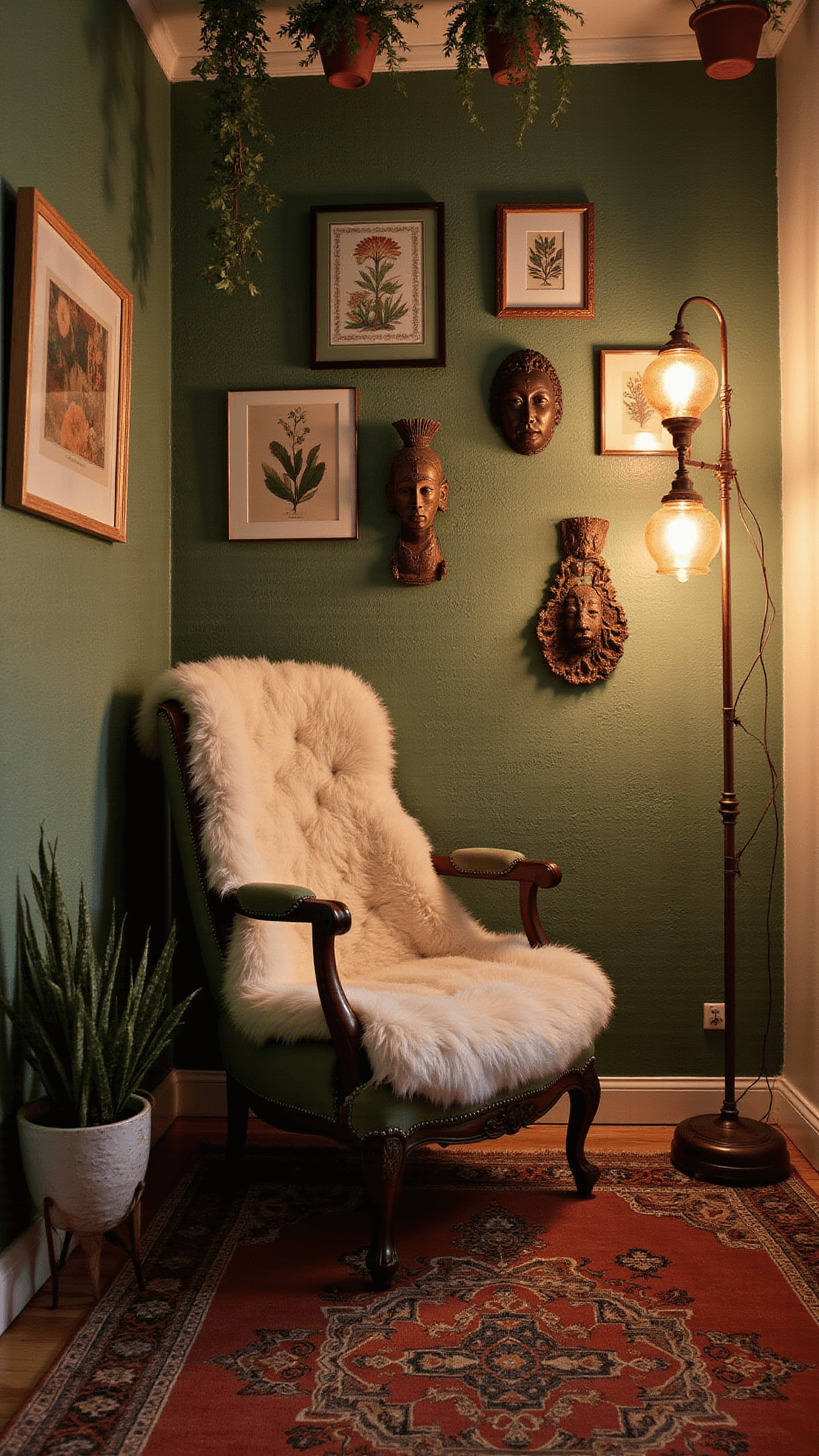 Cozy bedroom corner with vintage peacock chair, sheepskin throw, warm lighting, botanical and tribal wall art, layered Moroccan rugs, and hanging plants against sage green wallpaper.
