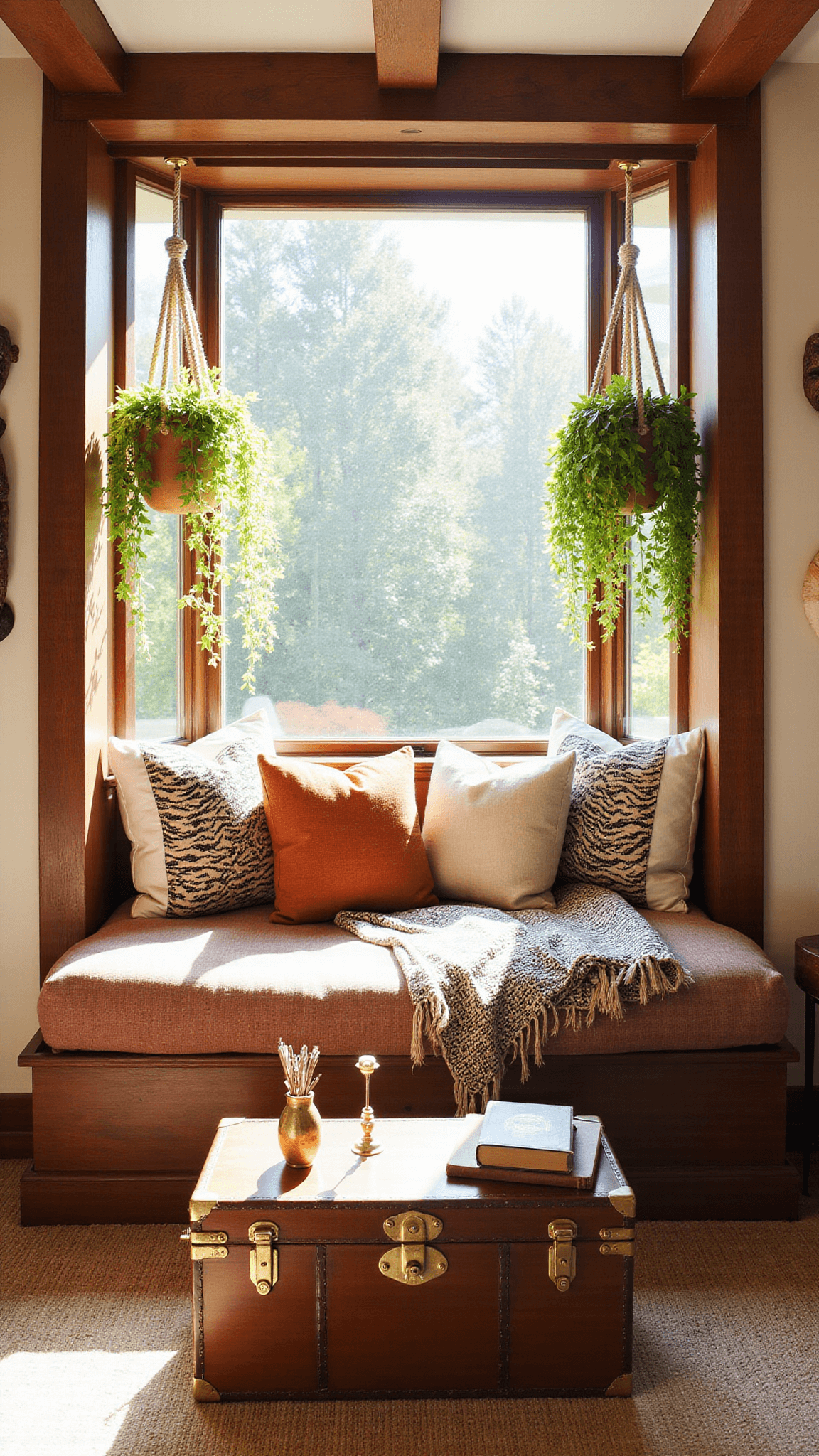 Sunlit attic window alcove with a built-in daybed, mudcloth pillows, tiger-print throws, hanging plants, vintage trunk coffee table, and warm textured décor.