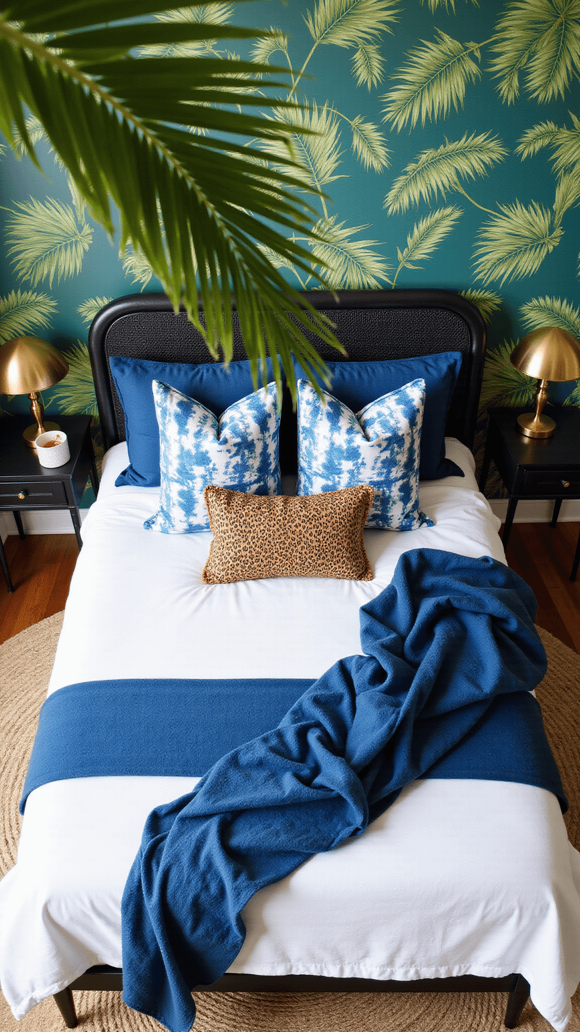 Bird’s eye view of a queen bed with indigo textiles, leopard print accents, copper-threaded pillows, and morning shadows from a palm plant; includes black rattan headboard, brass lamps on side tables, jute rug, and emerald tropical leaf wallpaper.