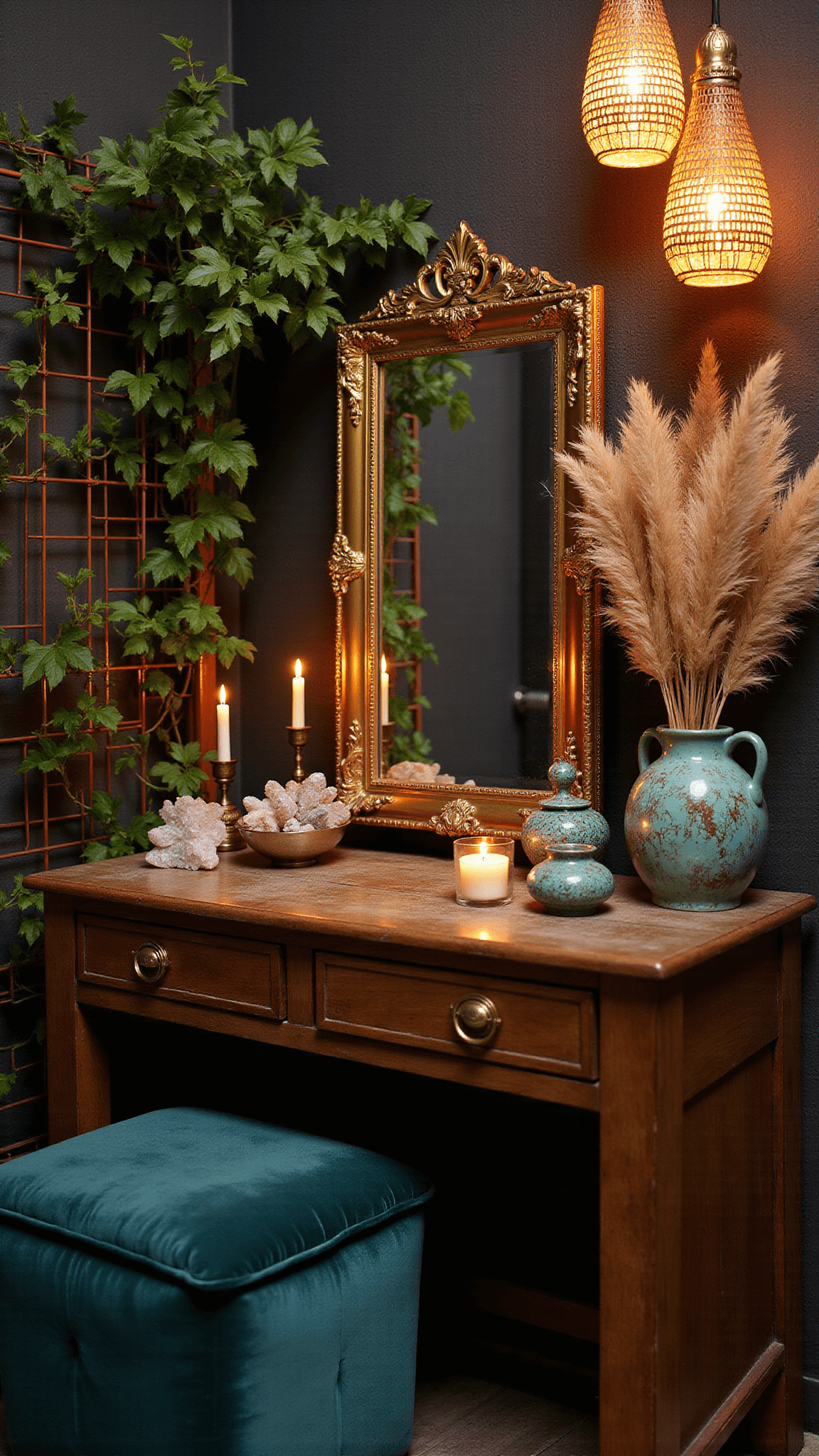 Bohemian vanity corner at dusk with brass mirror, candlelight, plants on copper trellis, vintage décor, and teal velvet ottoman.