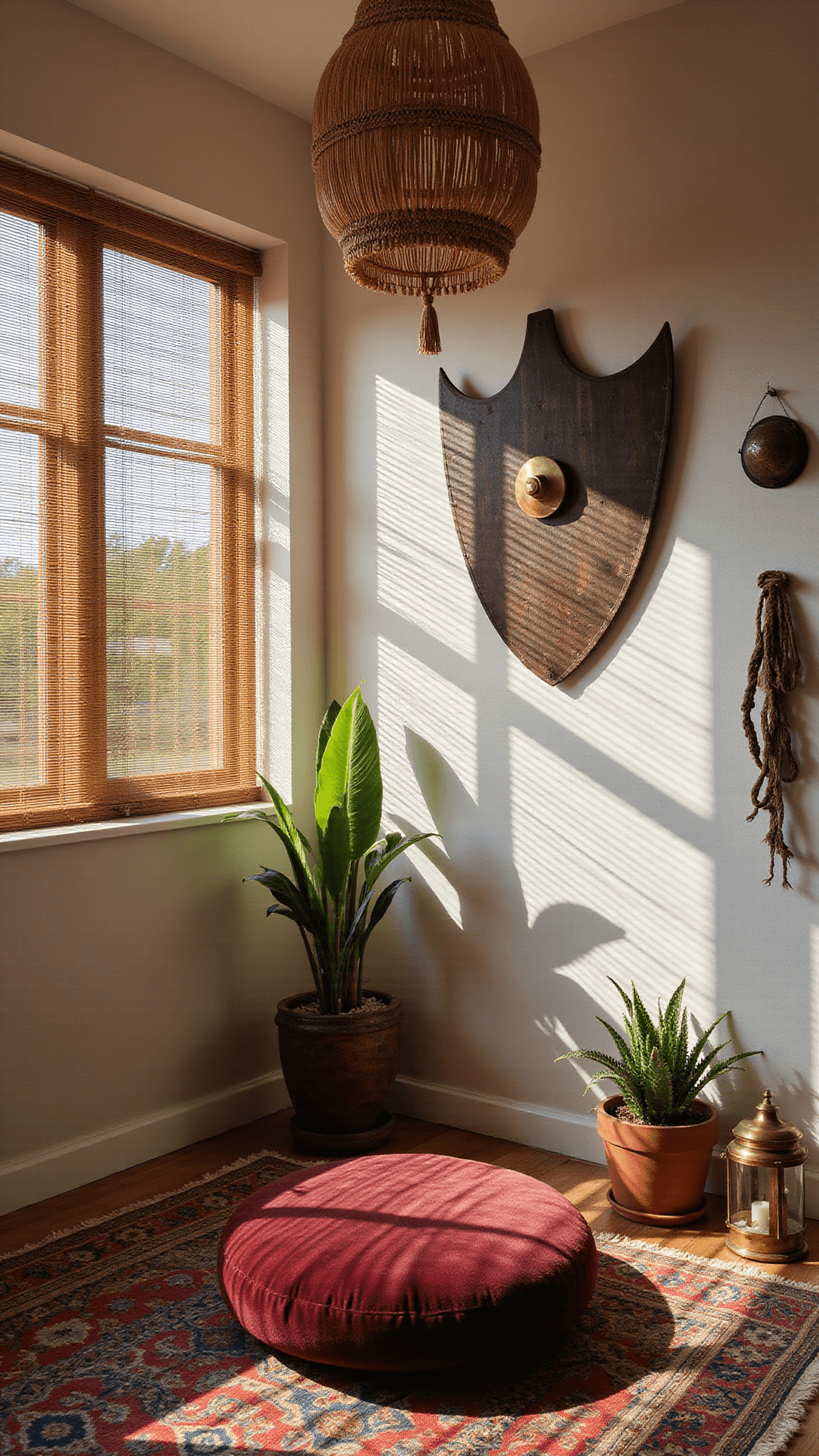 Low-angle view of a sunlit meditation corner with striped shadows from bamboo blinds, featuring a burgundy velvet floor cushion on vintage kilim rugs, surrounded by brass lanterns, snake plants, tribal shields, and a macramé ceiling canopy.