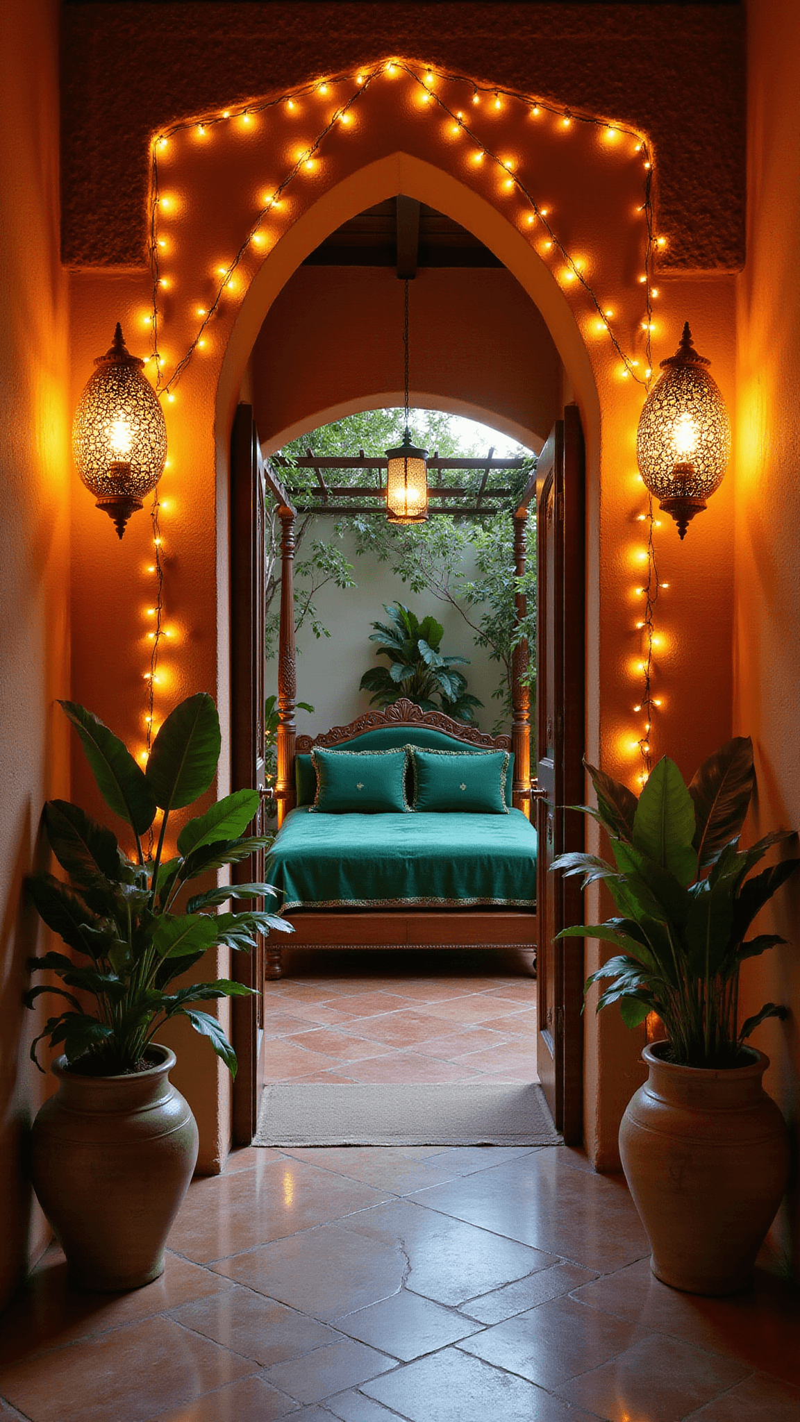 Diagonal view of a sunlit bedroom entrance with fairy-lit archway, emerald canopy bed, tropical plants in vintage planters, and warm terracotta walls illuminated by Moroccan lanterns and LED underlighting.