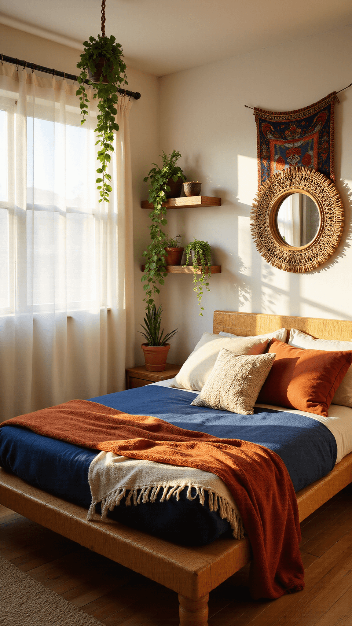 Cozy sunlit bedroom with rattan platform bed, layered textiles, hanging plants, vintage mirror, and golden hour lighting.