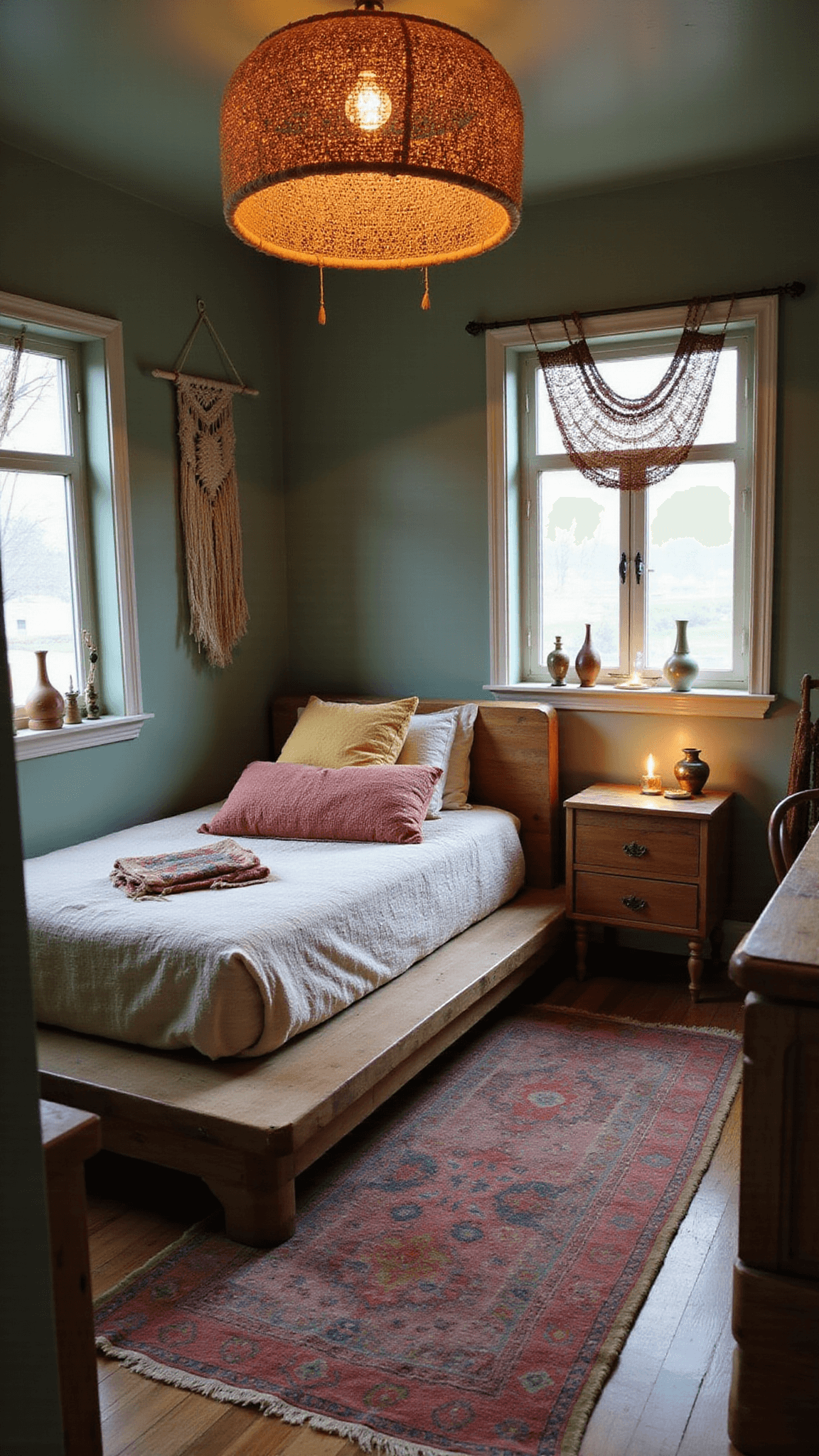 Boho-style 10x12ft bedroom with wooden platform bed, rattan pendant lamp, layered kilim rugs, sage green walls, macramé wall hanging, and vintage console with ceramic and brass decor, photographed at blue hour with warm lighting.