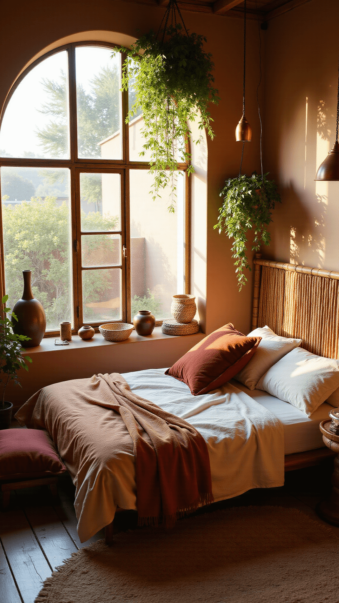 Cozy 11x13ft bedroom at golden hour with a bamboo bed in ivory and rust linens, Moroccan floor cushions, hanging plants by an arched window, and warm copper lighting.