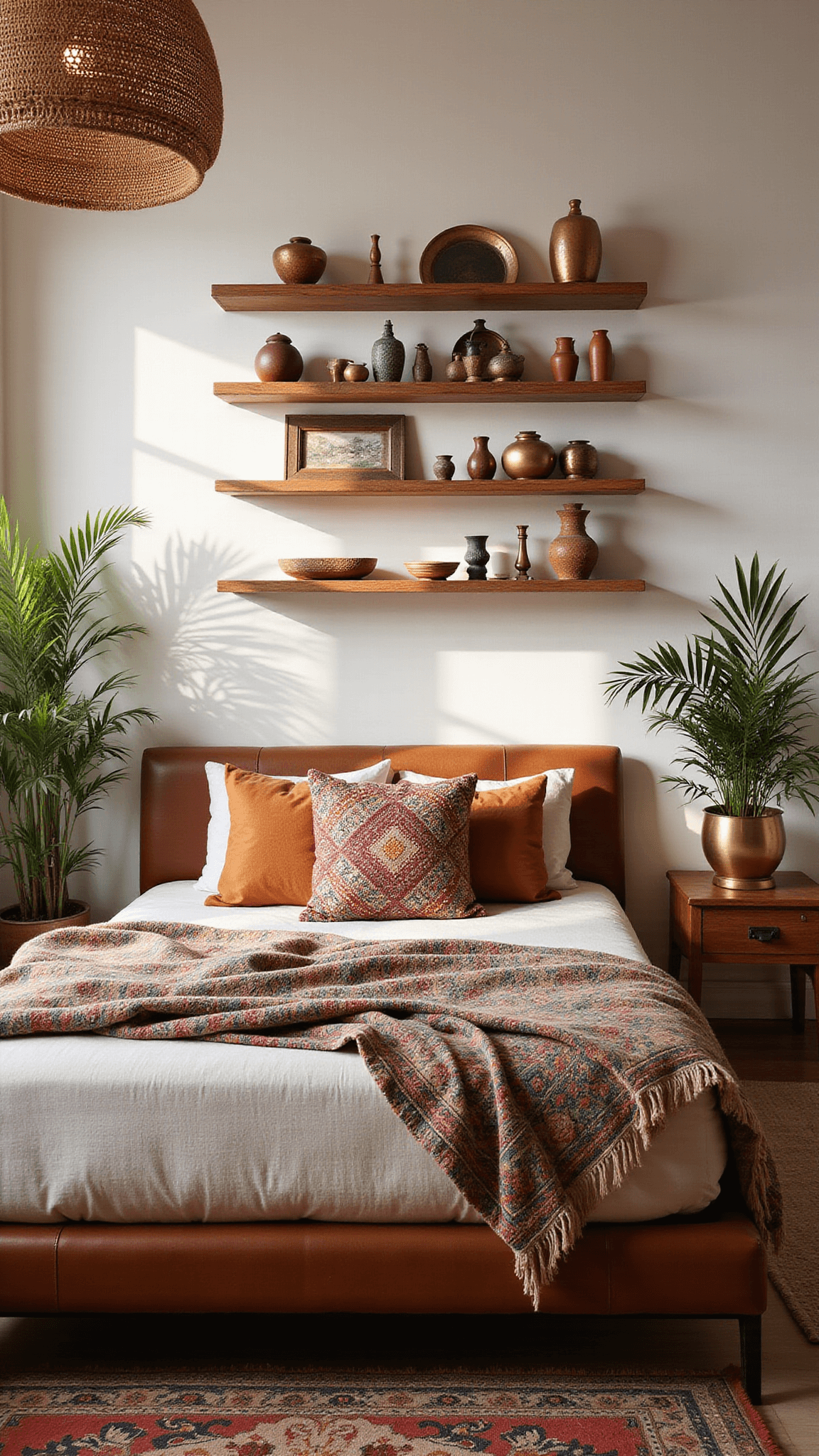 Bird's eye view of a cozy 10x12ft boho bedroom with a low leather bed, Moroccan blankets, rattan pendant light, floating wood shelves with ceramics, and potted palms at dusk.