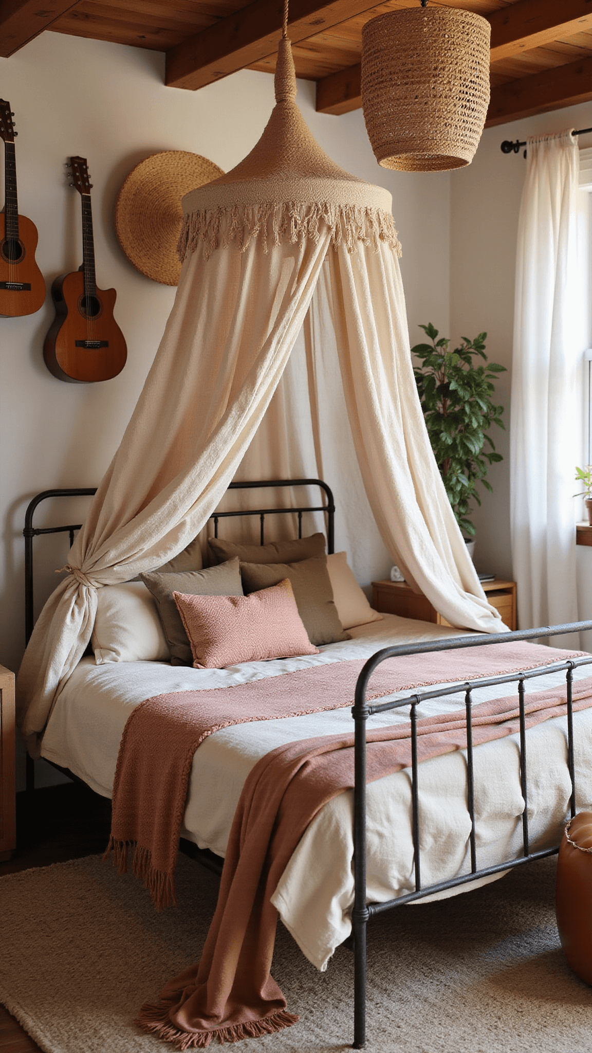 Boho-style bedroom with vintage iron bed, dusty rose and olive linens, macramé canopy, wall-mounted guitars, woven baskets, and a Moroccan pouf in golden hour light.
