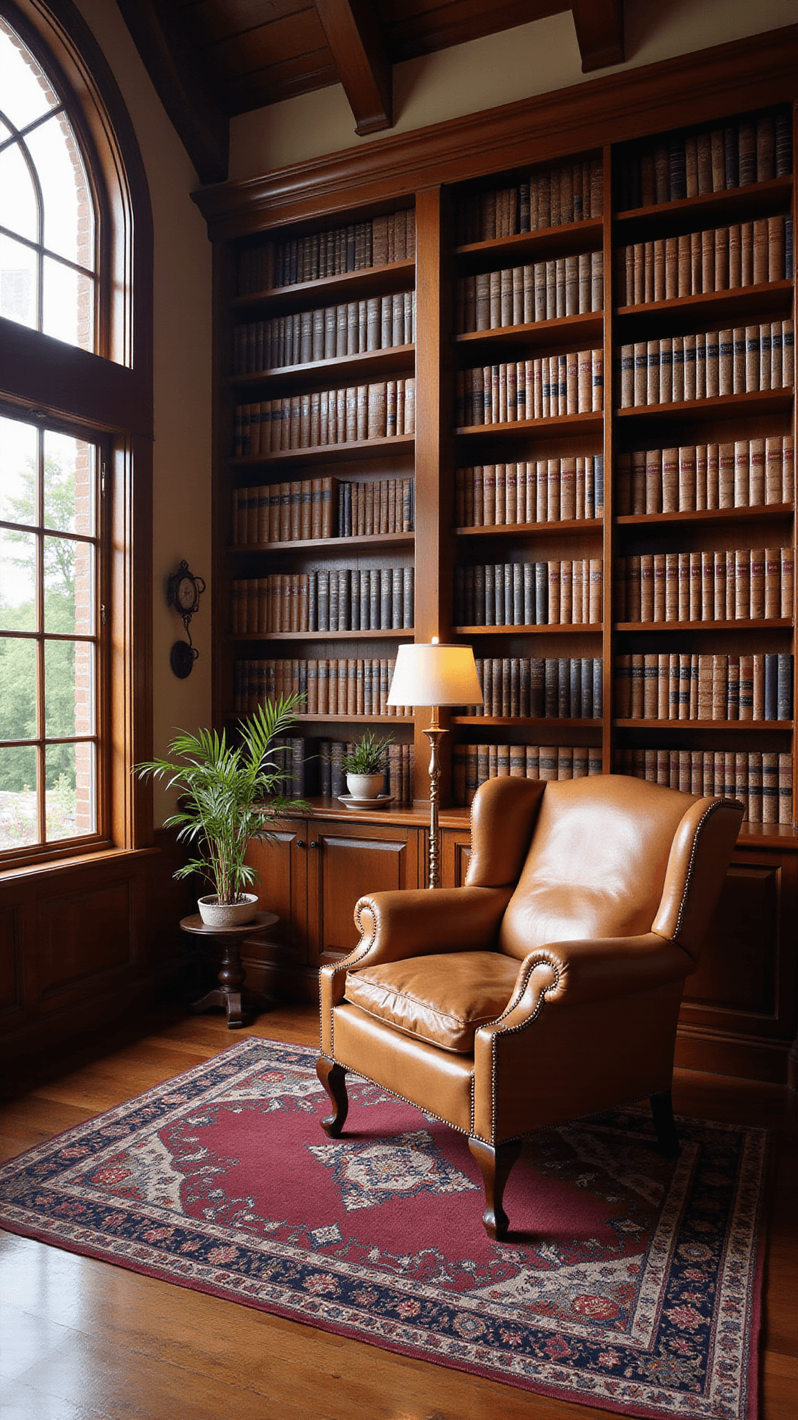 Sunlit traditional home library with cathedral ceilings, mahogany bookshelves, a cognac leather Chesterfield armchair, Persian rug, and arched windows.