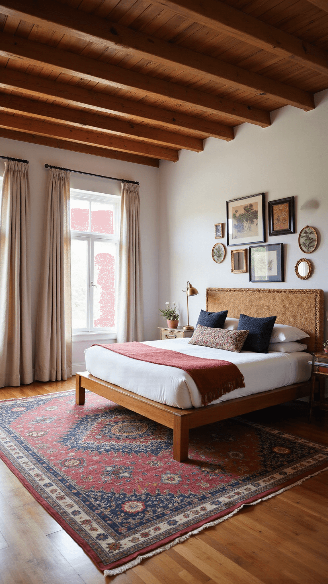 Boho retreat bedroom with platform bed, vintage rugs, and morning light filtering through linen curtains, viewed wide-angle at sunrise.