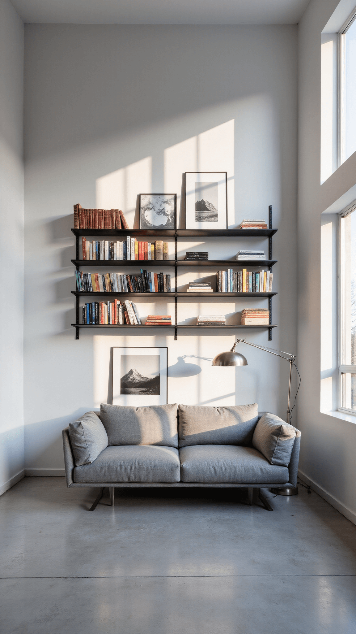 Modern minimalist library with white walls, floating black shelves displaying color-coded books, gray sectional on concrete floor, and dramatic sunlight through large windows.