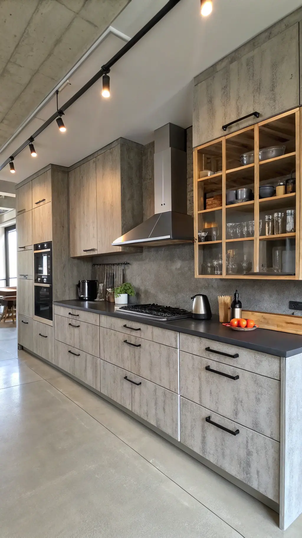Modern-industrial kitchen with concrete gray cabinets, smoky glass inserts, stainless steel appliances, raw wood open shelving and metal pendant lights in afternoon light.