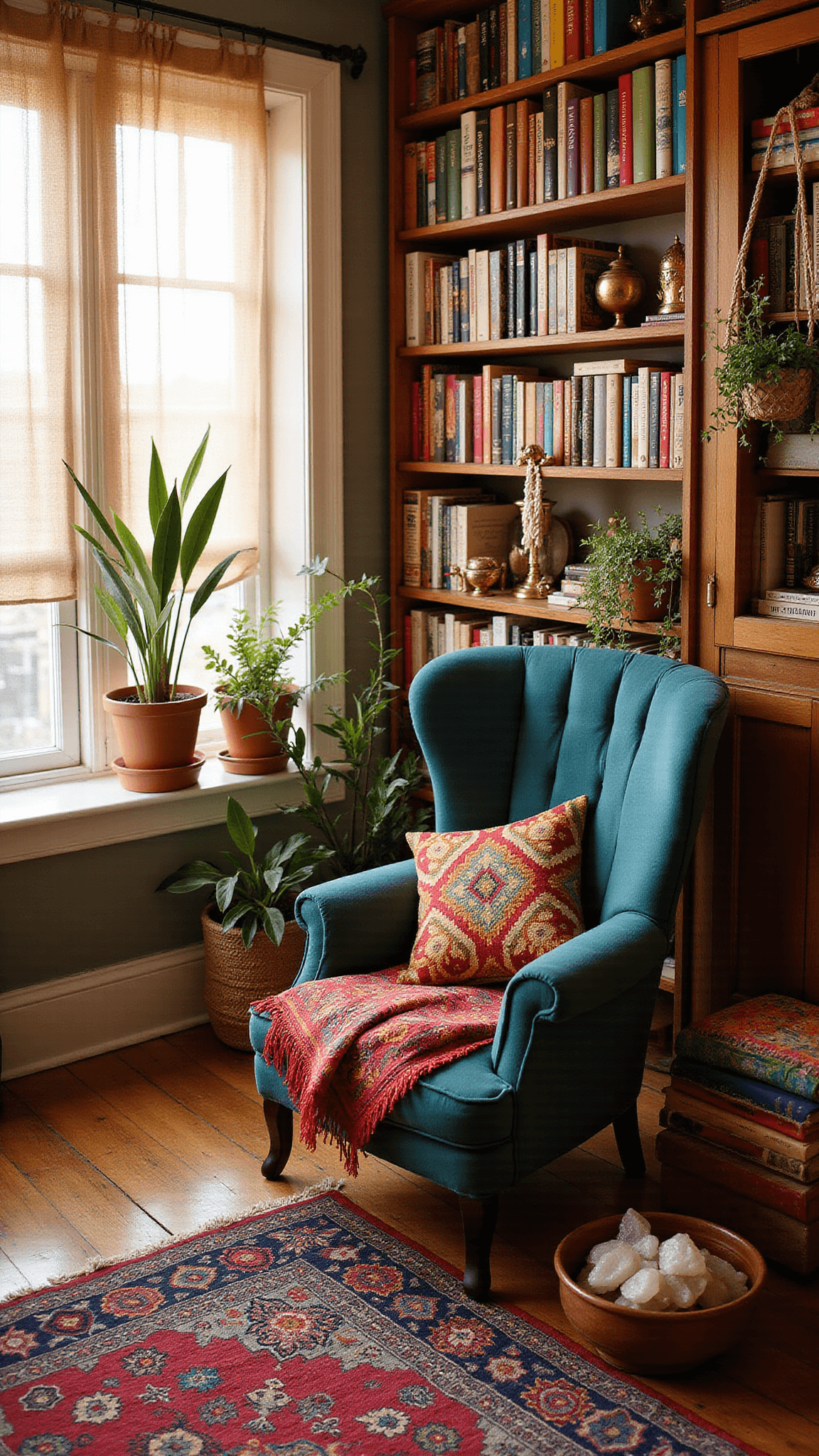 Bohemian reading nook with peacock chair, rainbow-arranged books, vintage-modern shelves, vibrant rugs, and golden hour light filtering through sheer curtains.
