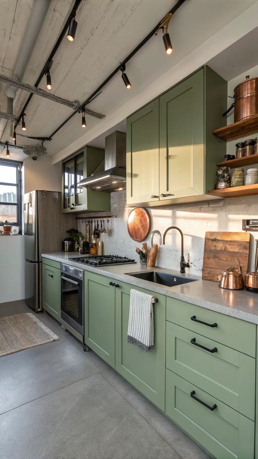 Compact city kitchen in Urban Sage Studio with floor-to-ceiling sage green cabinets, stainless steel appliances, concrete countertops, copper cookware and minimal art, viewed from the entrance. Highlights include track lighting, vertical storage, mirror placements, and morning light illumination.
