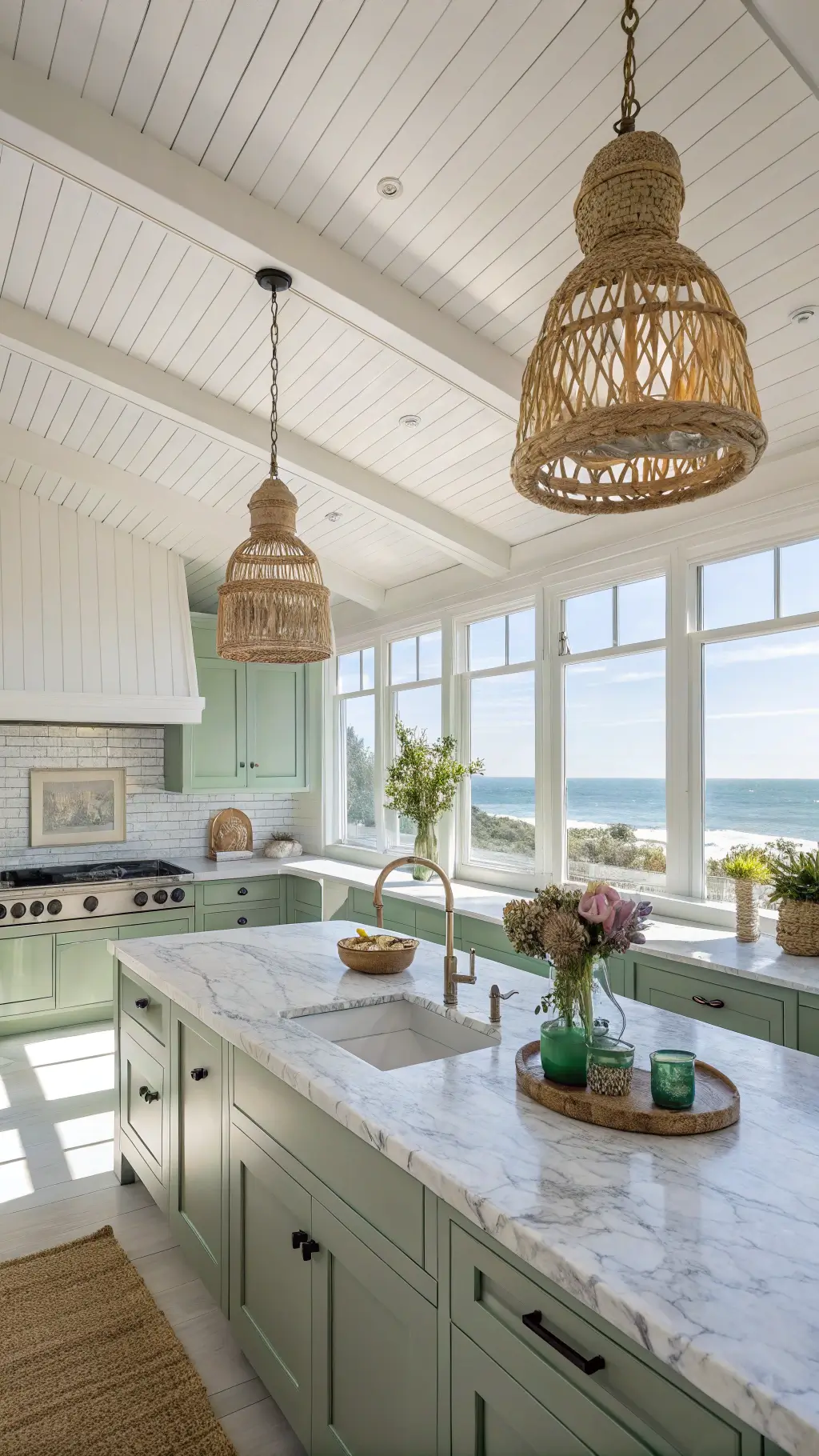 Sun-drenched kitchen in Coastal Sage Retreat with sage cabinets, white beadboard ceiling, marble countertops, white subway tiles, rattan pendant lights, and ocean view, styled with blue-green glassware and driftwood accents.