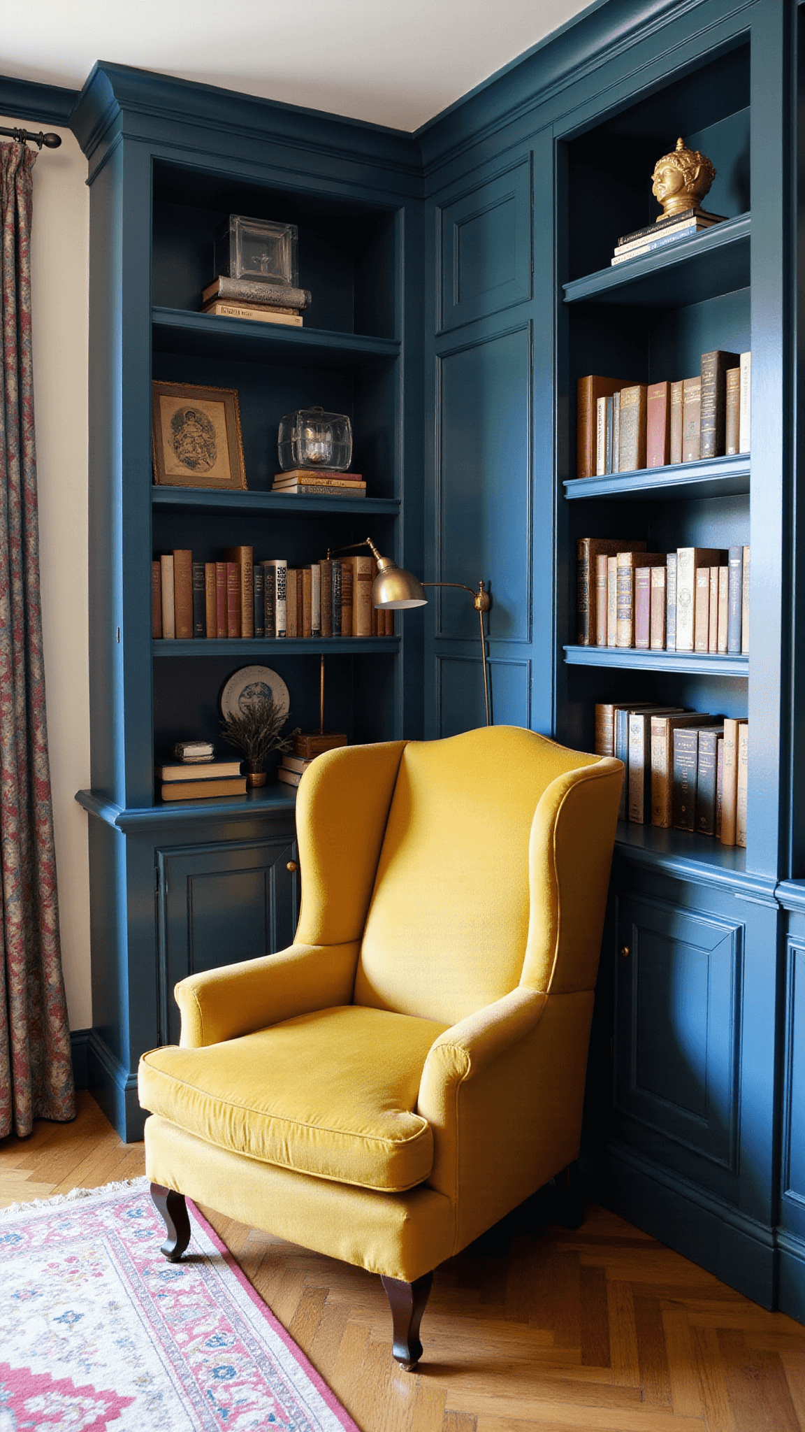 Cozy library den with 9ft coffered ceilings, deep blue built-in shelves, mustard velvet wingback chair by bronze floor lamp, herringbone wood floors, vintage rug, and warm afternoon lighting.