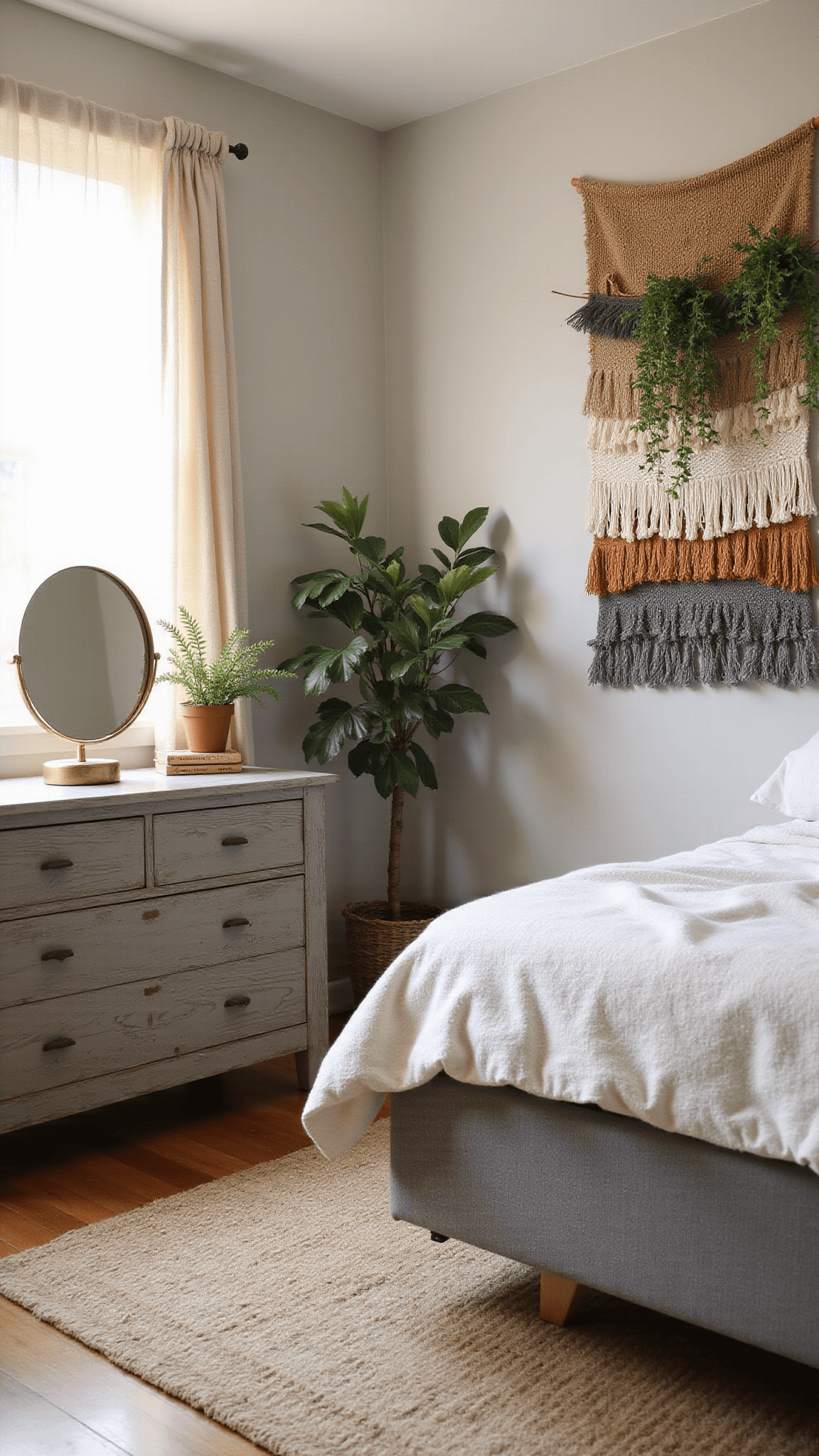 Boho bedroom corner at dawn with weathered grey dresser, brass mirror, woven tapestries, hanging plants, and warm light filtering through sheer curtains.