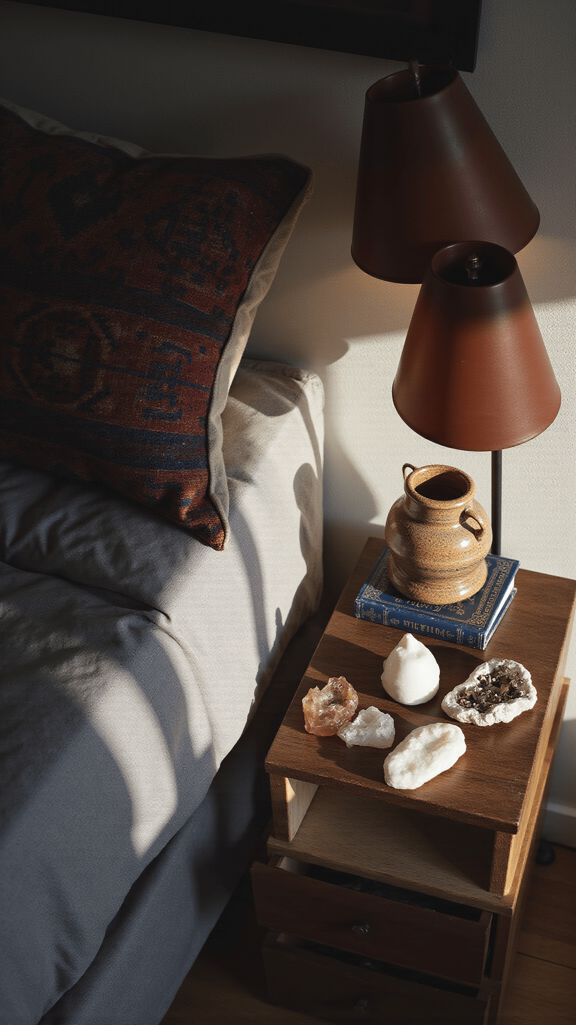 Handcrafted ceramic lamp casting warm light over grey linen bedding, with vintage kilim pillow, wooden nightstand holding crystals and books, all viewed from above.