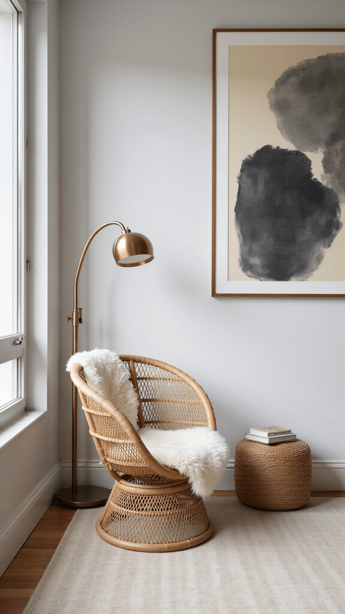 Cozy master bedroom reading nook with rattan chair, sheepskin throw, abstract artwork, brass floor lamp, woven pouf, and wall basket decor in soft daylight.
