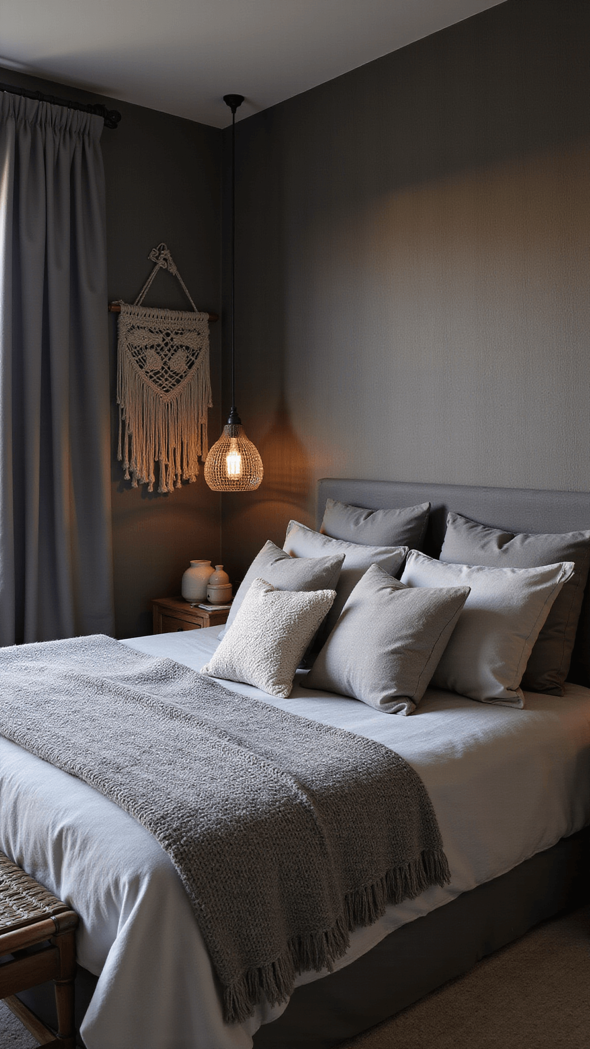 Moody twilight bedroom with layered grey bedding, vintage mudcloth pillows, knit throws, pendant lighting, macramé curtain, bamboo bench, and pottery accents.