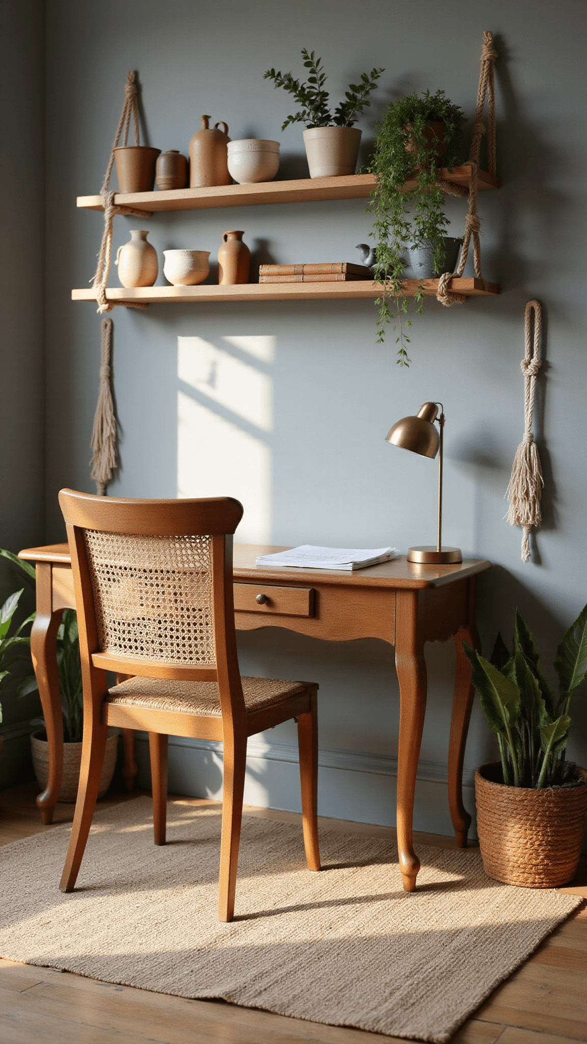 Vintage wooden desk and rattan chair in warm, golden-hour lit bedroom workspace with floating shelves, pottery, plants, and brass decor.
