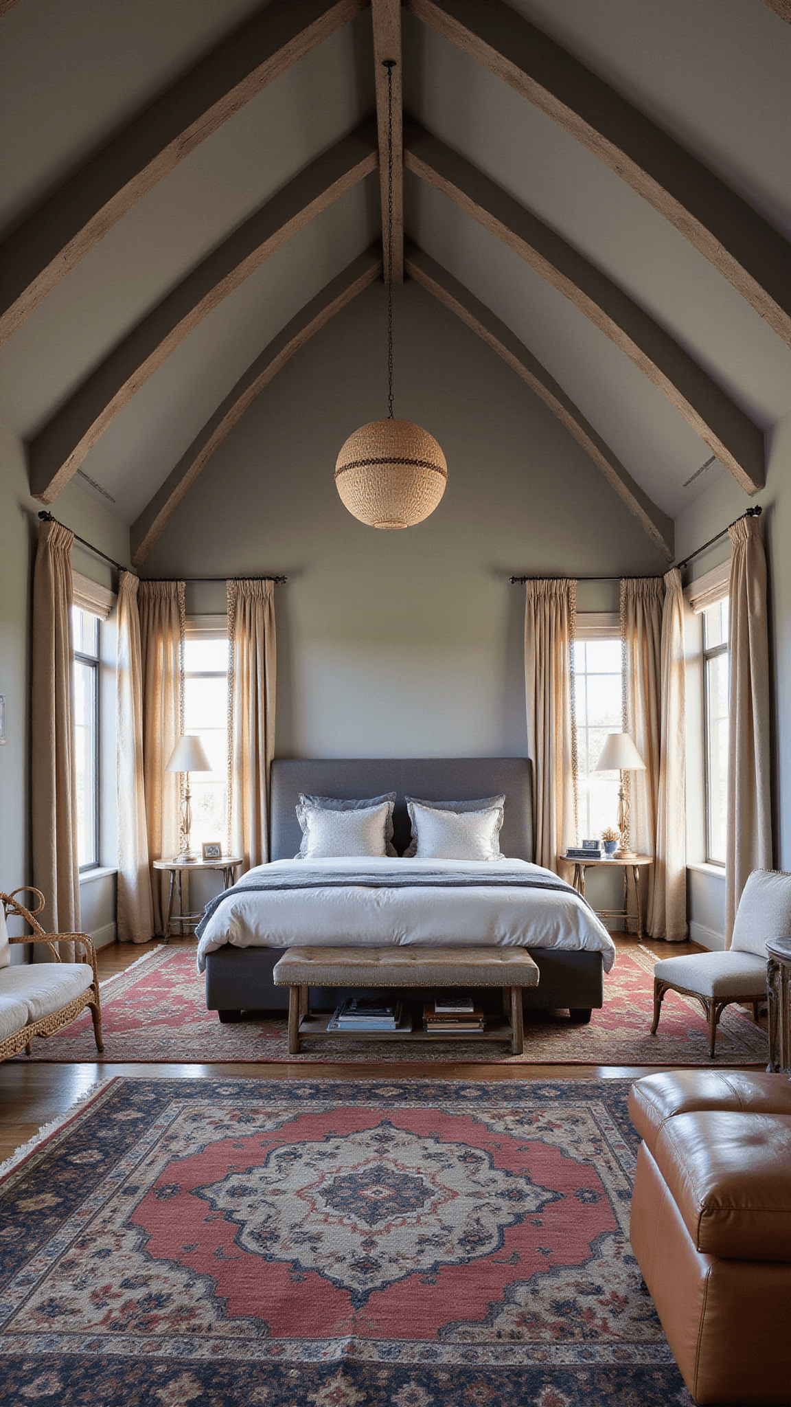 Boho-style bedroom with vaulted ceiling, exposed grey beams, floor-to-ceiling windows, king bed with grey headboard, Moroccan rugs, and mixed rattan and leather seating during blue hour lighting.