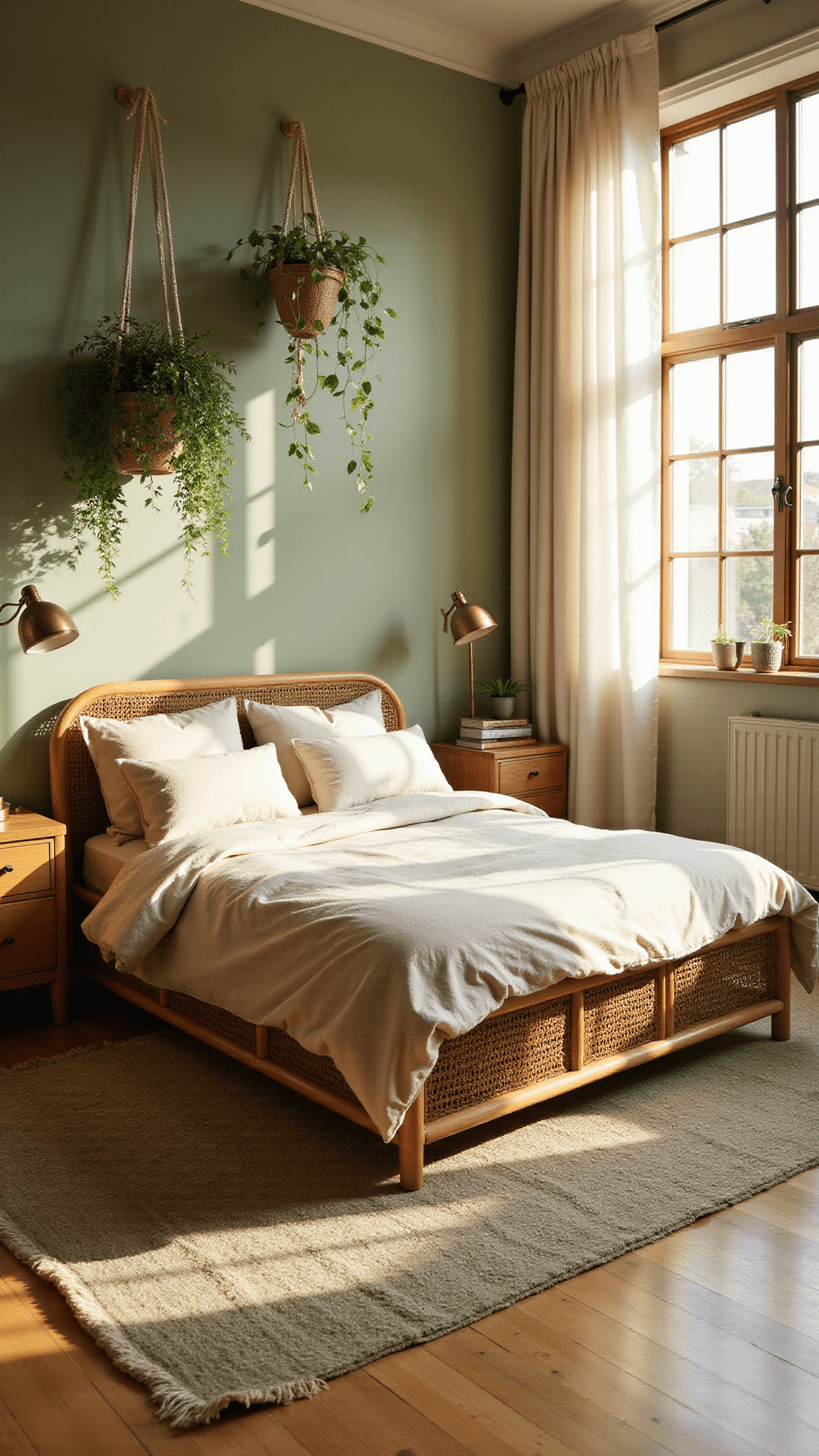 Wide-angle view of a sunlit 14x16ft bedroom with sage green accent wall, rattan bed with ivory linen, vintage Moroccan rugs, hanging pothos plants, natural wood nightstands, and warm ambient lighting through sheer curtains.