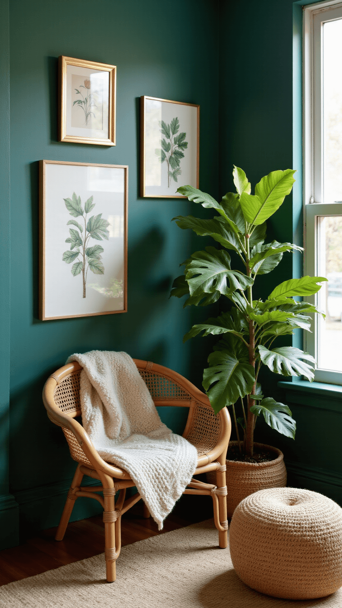 Cozy reading nook with a rattan peacock chair, knit throw, emerald green walls, vintage botanical prints, Monstera plant, and jute pouf in soft natural light.