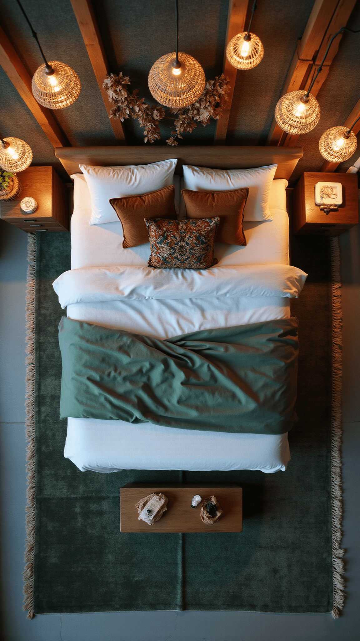 Overhead view of a bohemian California king bed with layered earth-toned bedding on a vintage green and copper rug, rattan pendant lights above, taken during blue hour with warm lighting.