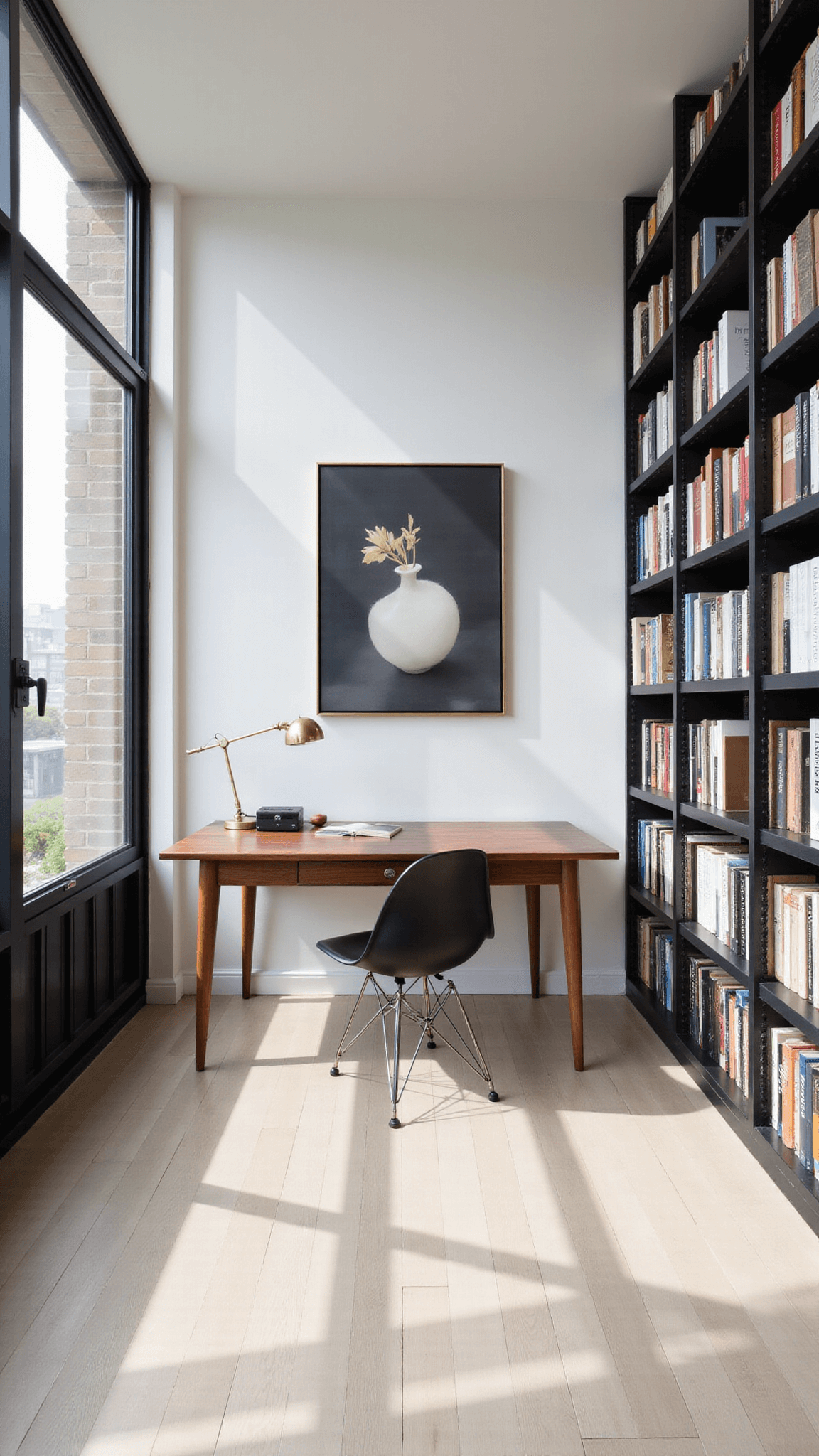 Contemporary library office with industrial design, featuring black steel windows, pale oak floors, metal bookshelves, walnut desk, black Eames chair, and geometric morning light patterns.