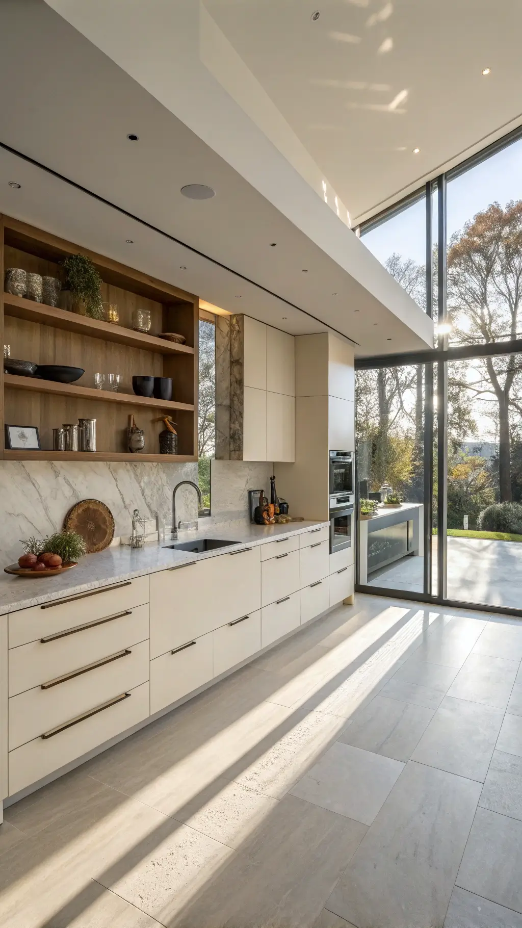 Modern open-concept kitchen with cream handleless cabinets, waterfall quartzite counters, smoked glass backsplash, and floor-to-ceiling windows; styled with black accessories, minimalist décor on floating wooden shelves, and illuminated by dramatic side lighting.