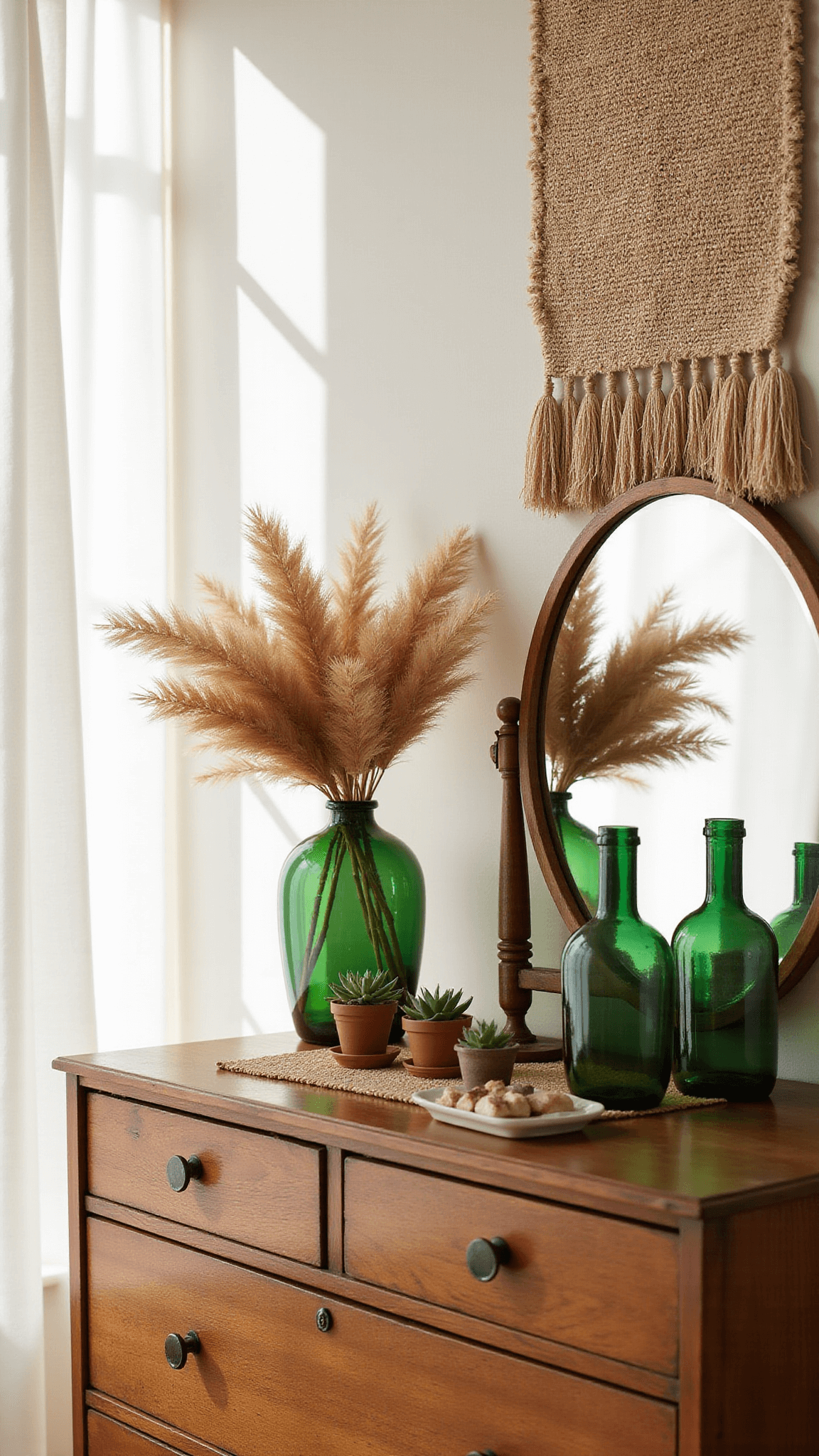 Sunlit vanity with vintage wooden dresser, brass mirror, pampas grass in green vases, succulents, and textured wall hanging.