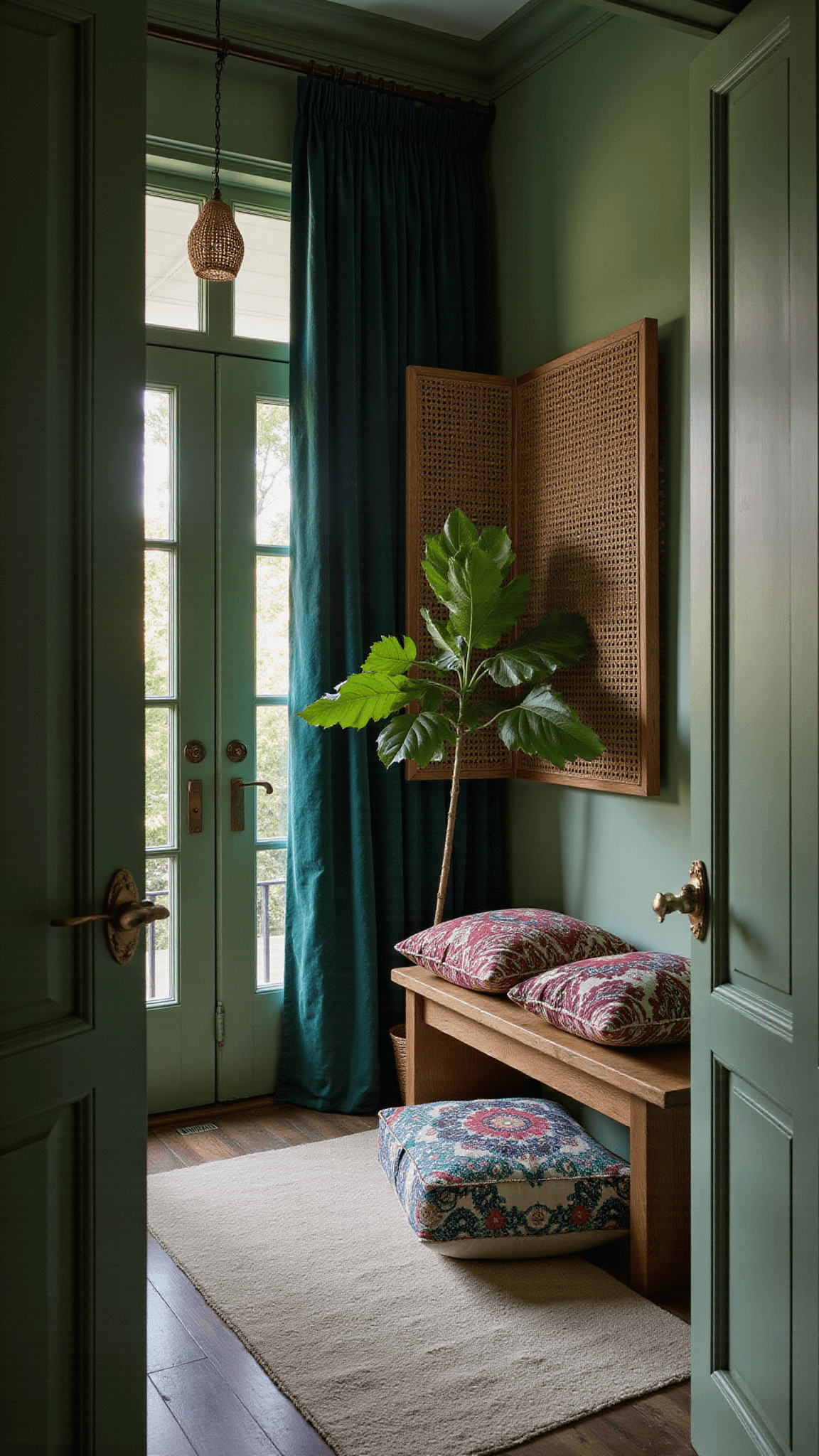 Bedroom entrance at dusk with emerald curtains, vintage bamboo screen, rattan pendant lighting, sage green walls, fiddle leaf fig tree, and a wooden bench with ethnic cushions.