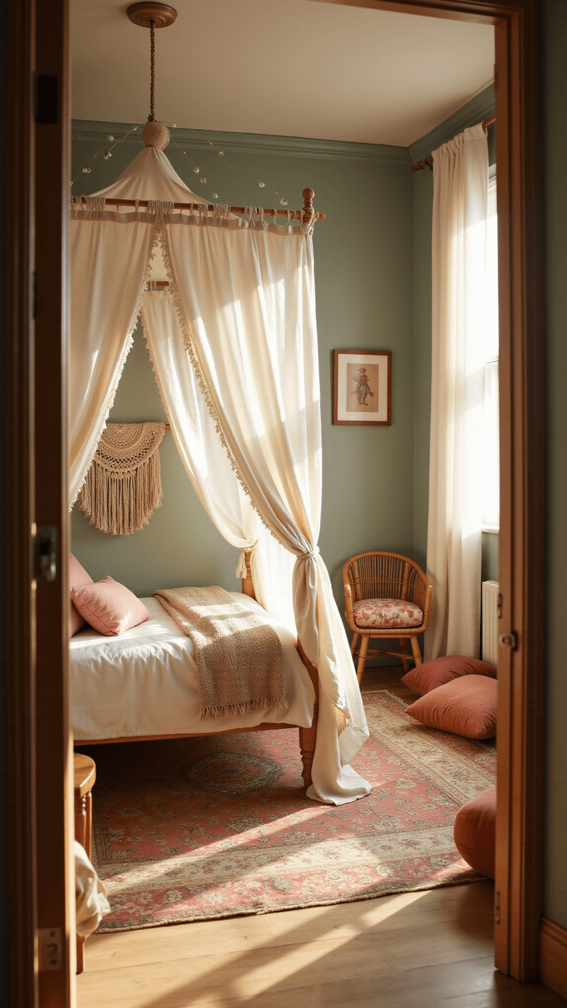 Sunlit toddler's bedroom with canopy bed, rattan furniture, vintage rugs, and dreamy decor in warm, earthy tones.