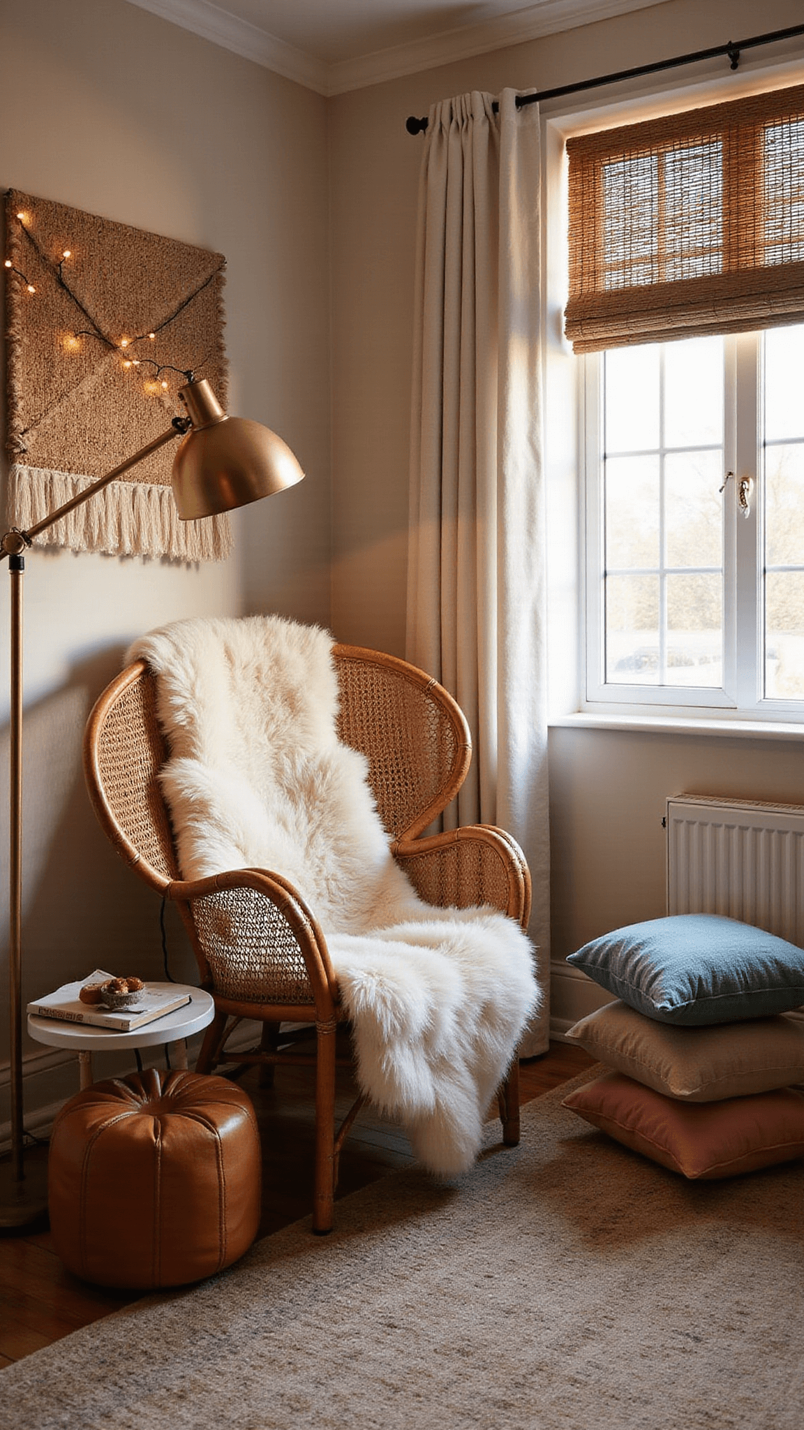 Cozy boho nursery reading nook with rattan peacock chair, sheepskin throw, earthy tapestry, brass floor lamp, leather poufs, pastel pillows, and bamboo blinds lit by fairy lights.