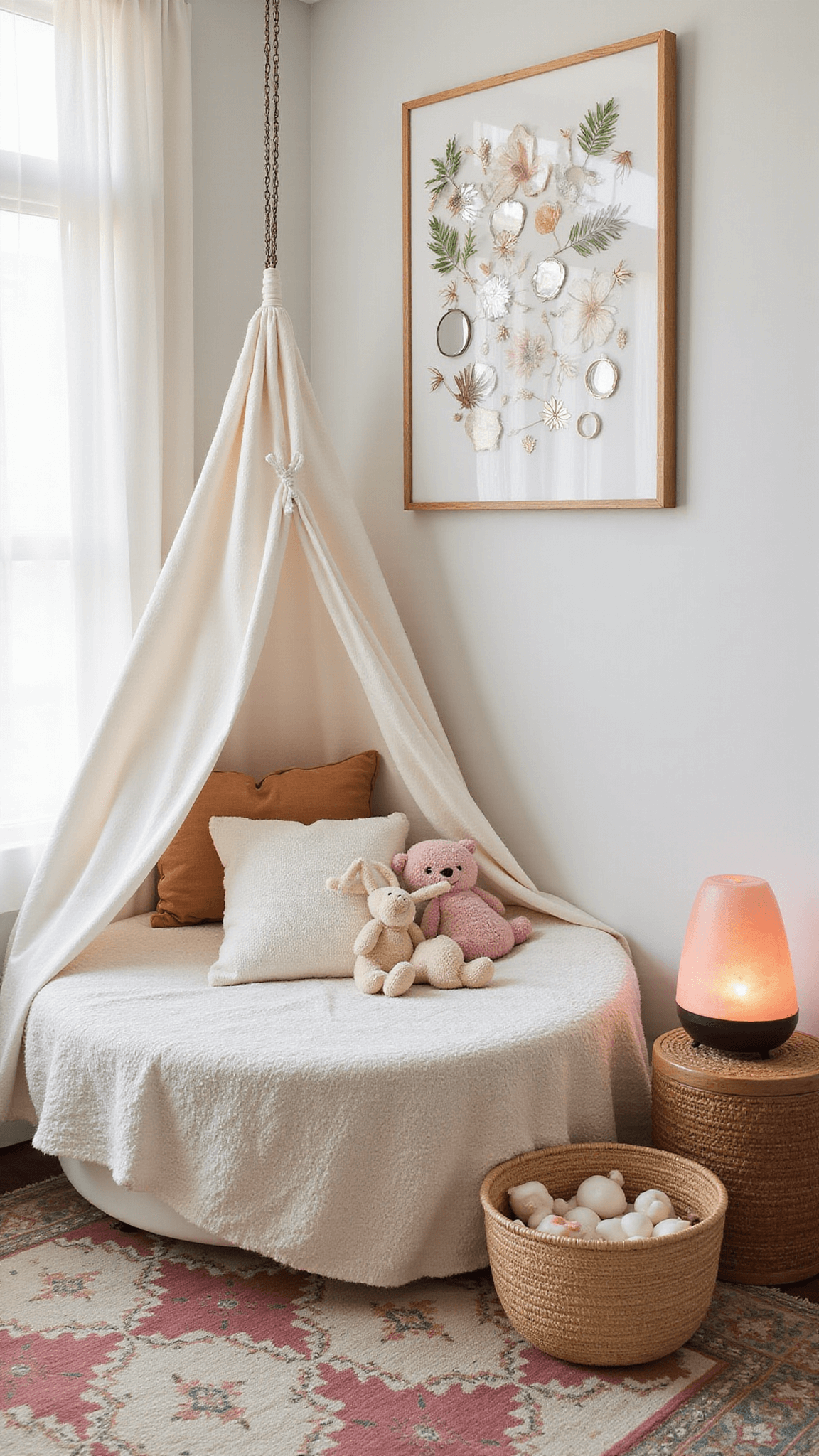 High-angle view of a cozy 14x16ft bohemian toddler room with a central low-profile bed under a cotton canopy, surrounded by vintage mirrors, botanical prints, layered rugs, rattan baskets, and soft morning light.