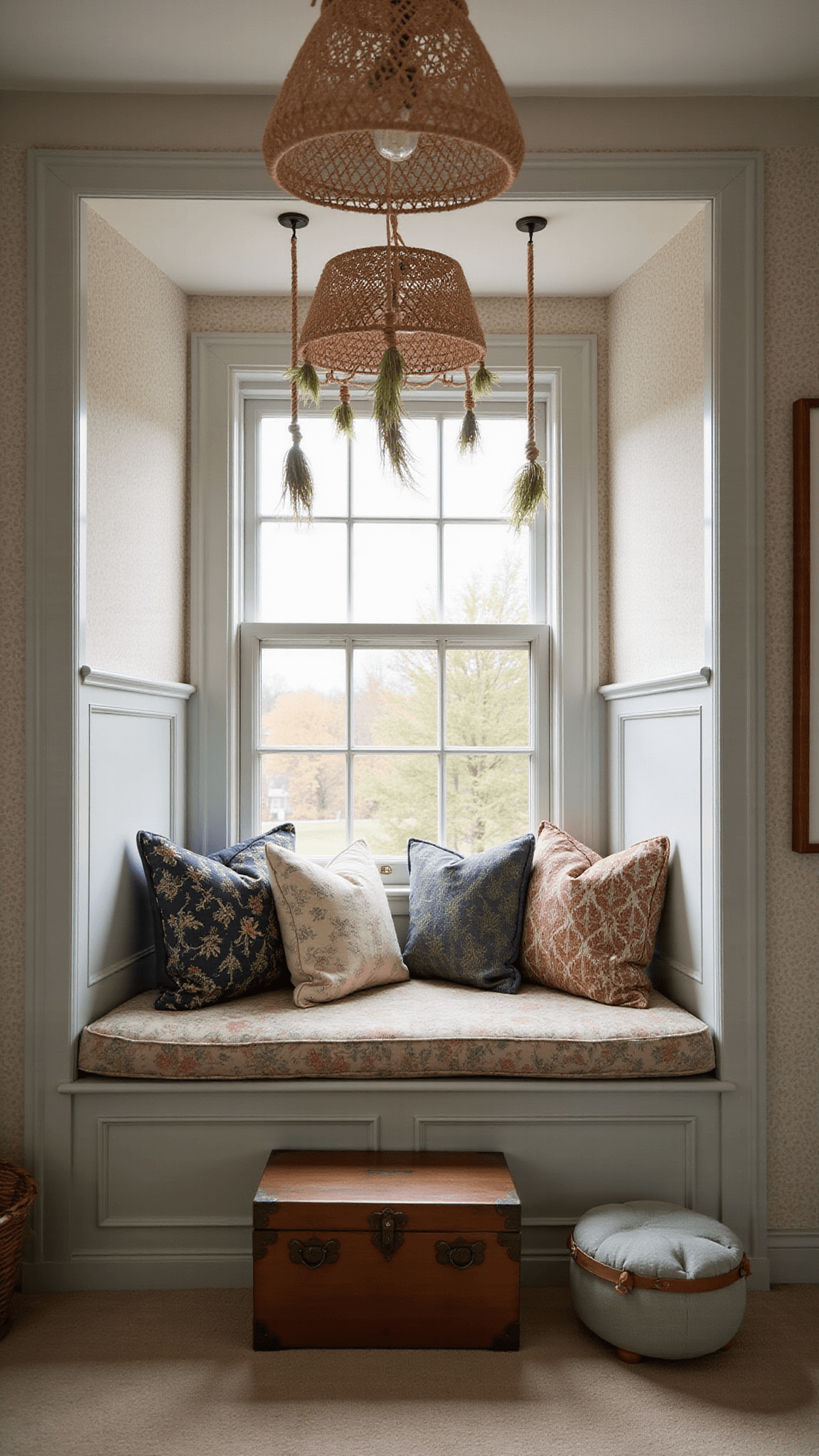 Cozy window seat nook with plush cushions, macramé plant hangers, vintage sage toy chest, and woven pendant lamp casting shadows in a whimsical 12x15ft space at dusk.