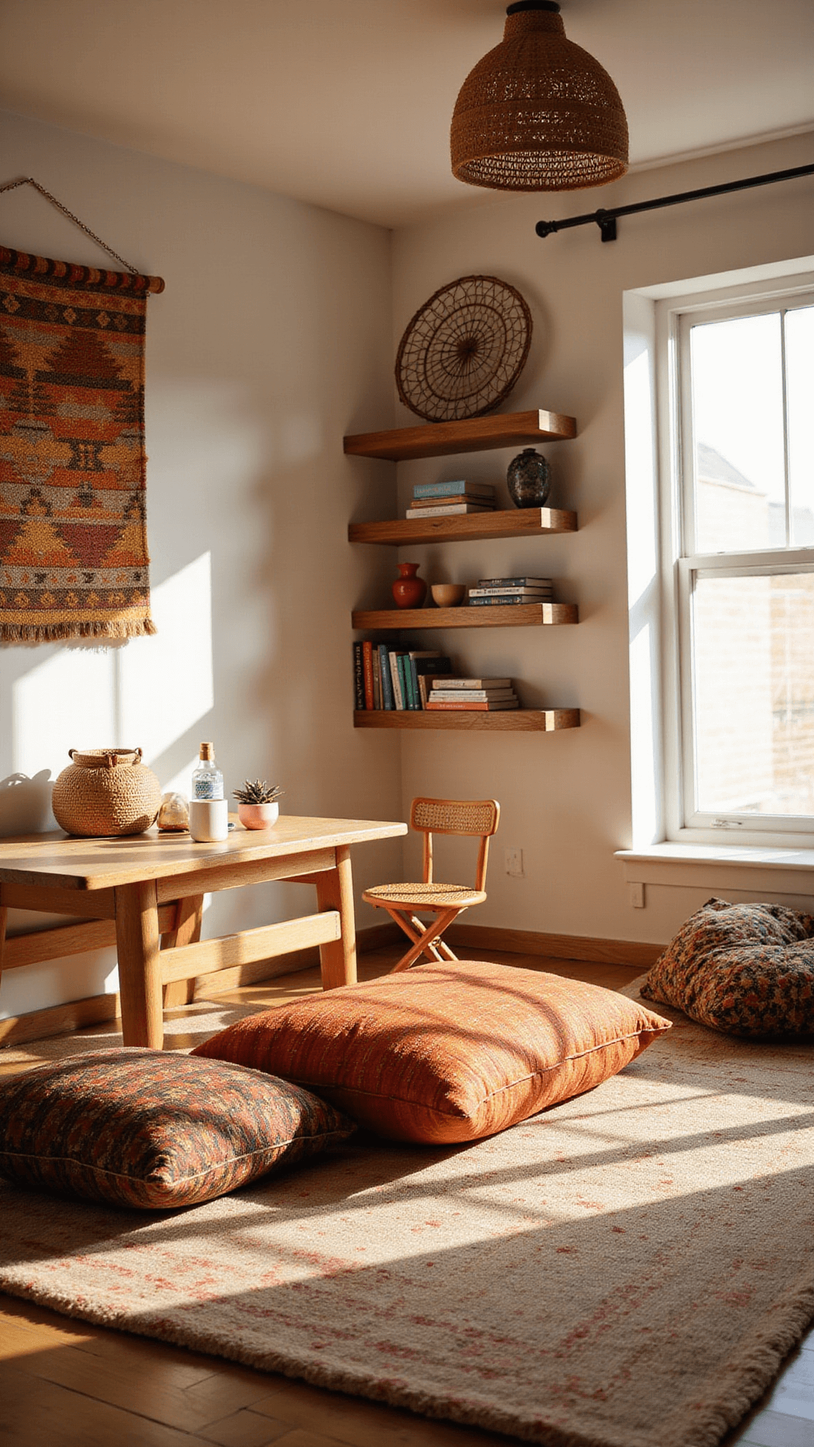 Boho-style playroom with low wooden table, rattan chairs, kilim floor cushions, floating shelves, natural pendant lighting, and sunset-hued wall hanging.