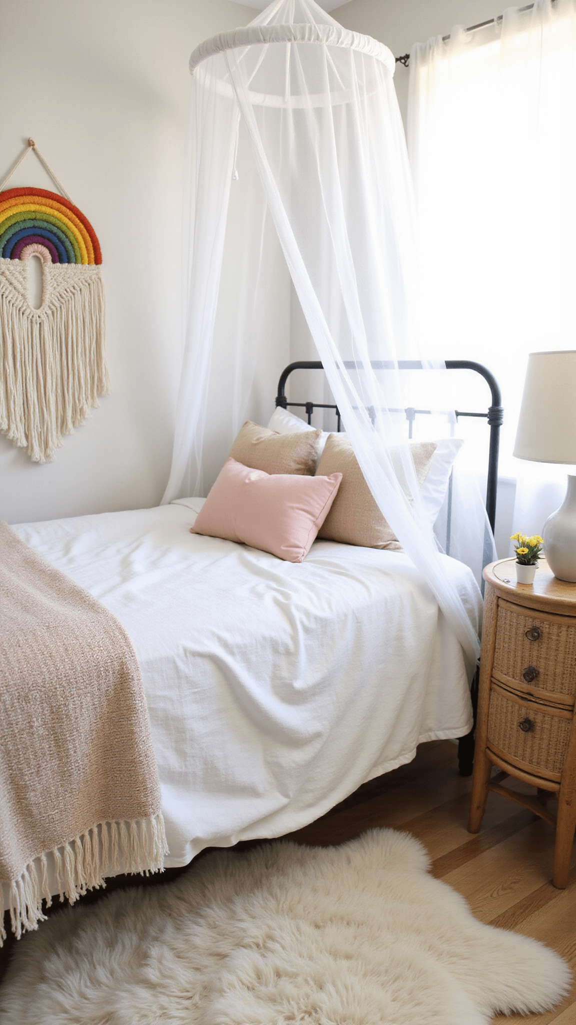 Close-up of vintage iron bed with tulle canopy in softly lit nursery, Moroccan wedding blanket, pastel macramé rainbow, rattan table with ceramic lamp, and sheepskin rug.