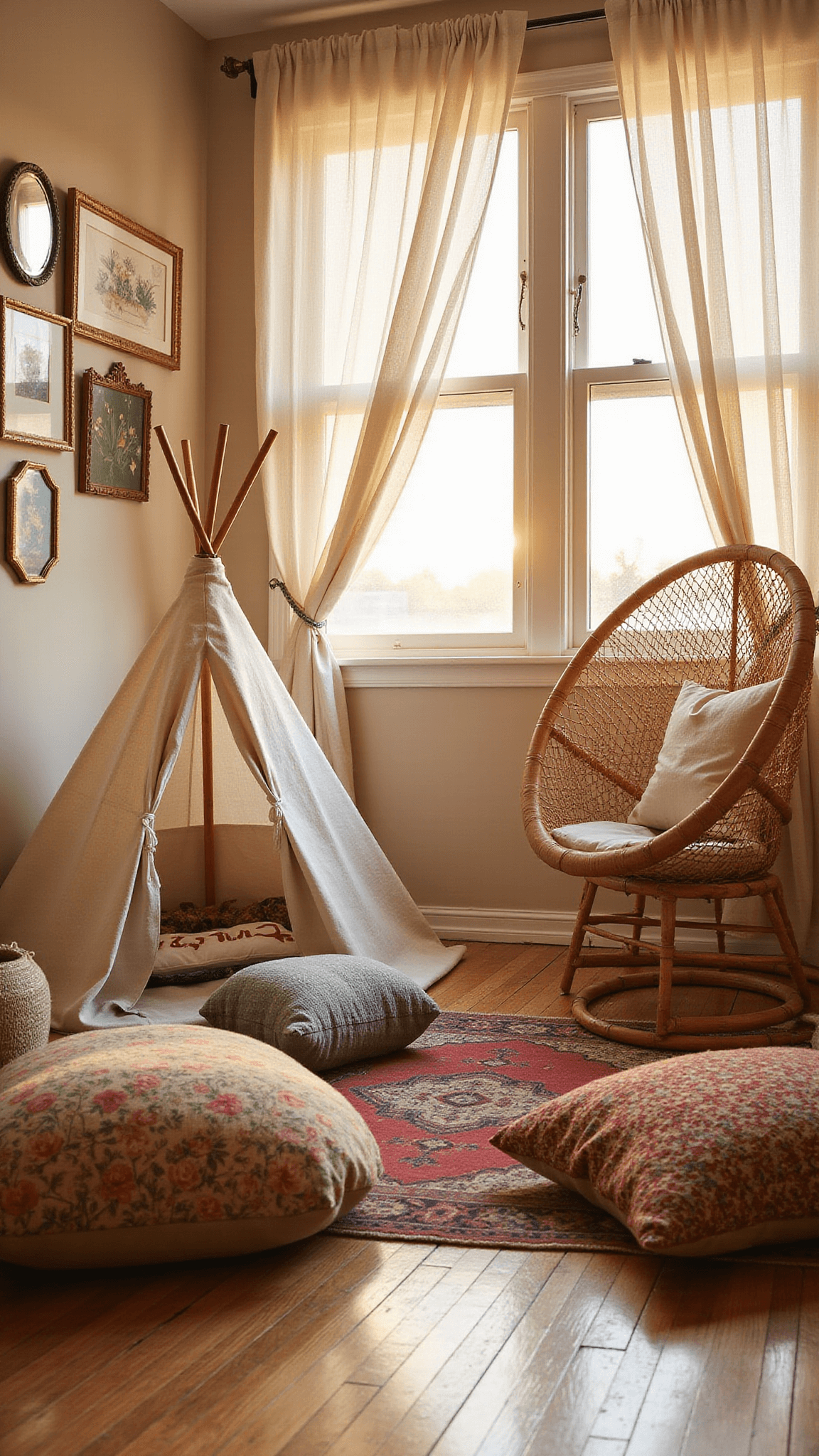 Low-angle view of cozy 13x16ft play space with cotton and bamboo play tent, earth-toned floor pillows and vintage poufs, rattan hanging chair draped in muslin, eclectic wall decor of botanical prints and mirrors, all bathed in warm golden hour light through macramé curtains.