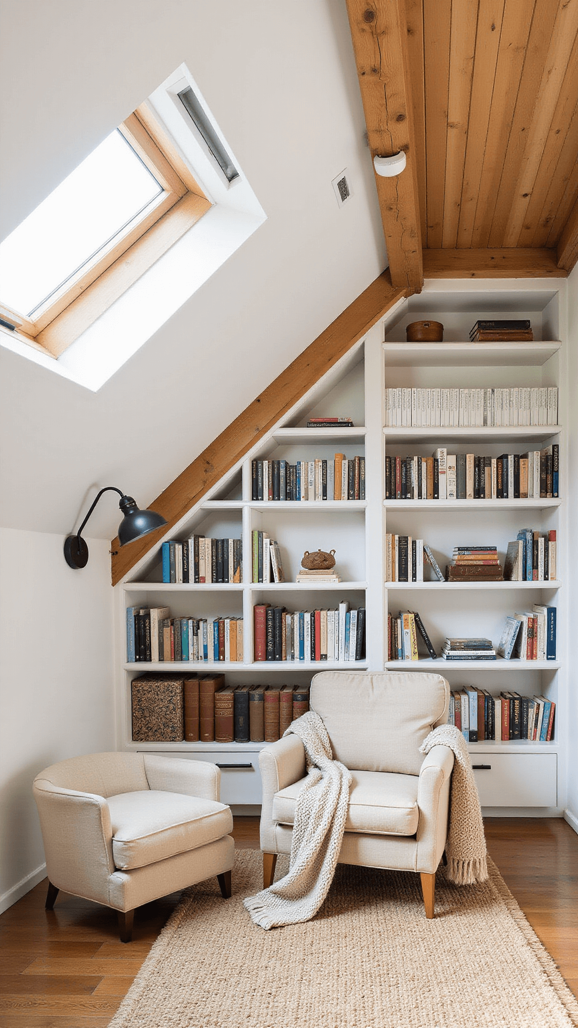Rustic-modern attic reading nook with sloped white walls, wood beams, built-in angled bookshelves, skylights, linen armchair, and sisal rug on hardwood floors.