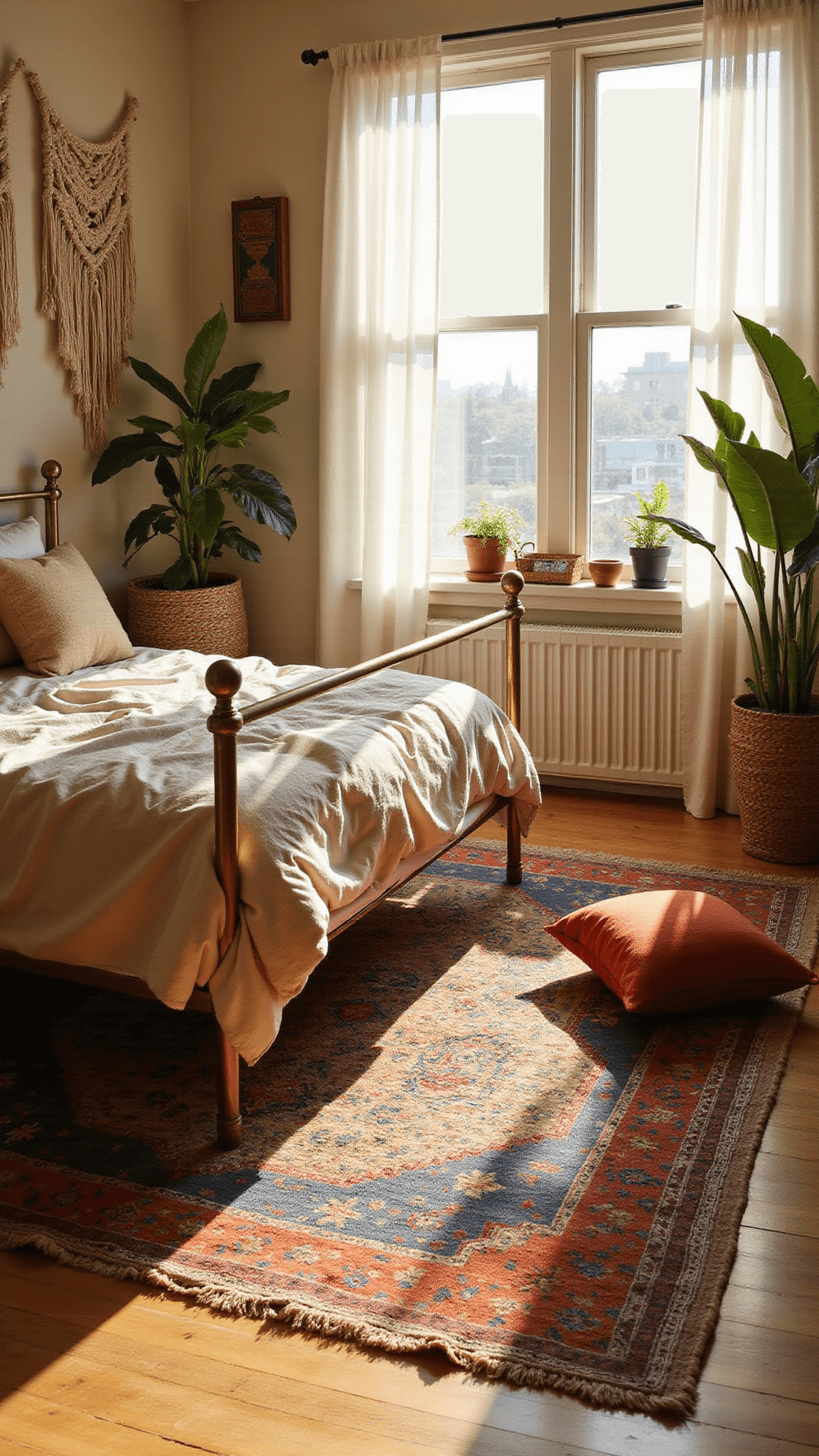 Bohemian bedroom at golden hour with brass bed, layered rugs, macramé wall hangings, and lush plants, viewed from low corner angle.